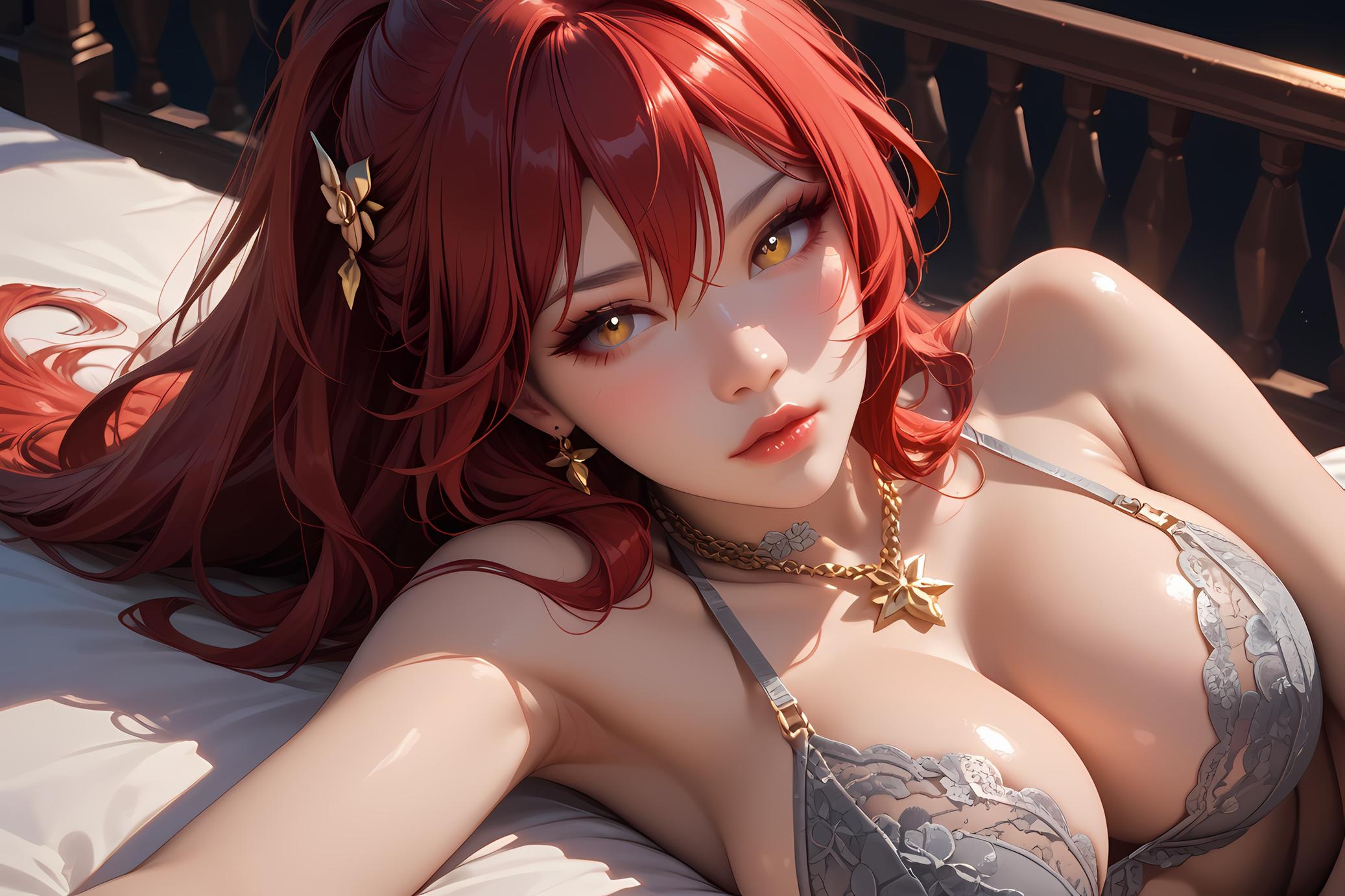 Cô Gái Anime Tạo Bởi AI - 崩坏星穹铁道 姬子: Đồ Lót Ren Đỏ Tóc Lửa, Ngực Khủng 84P