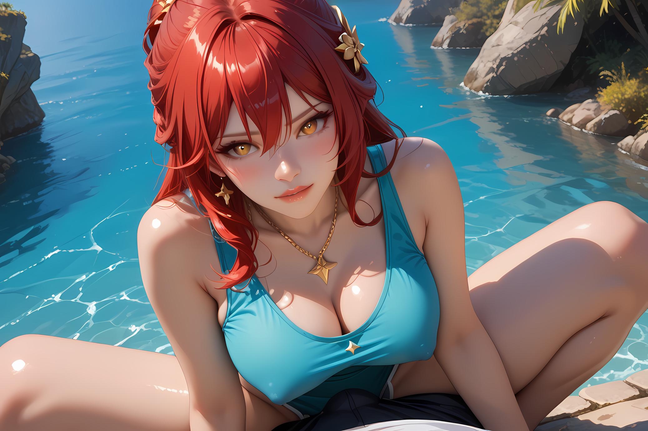 AI 生成的動漫女孩 - 崩壞：星穹鐵道 姬子：紅髮蕾絲內衣巨乳 84P