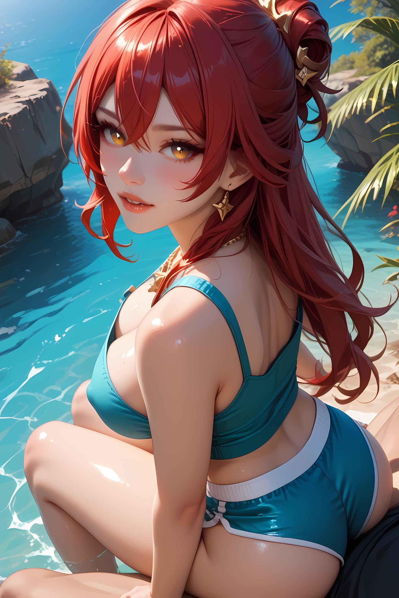 AI 生成的動漫女孩 - 崩壞：星穹鐵道 姬子：紅髮蕾絲內衣巨乳 84P