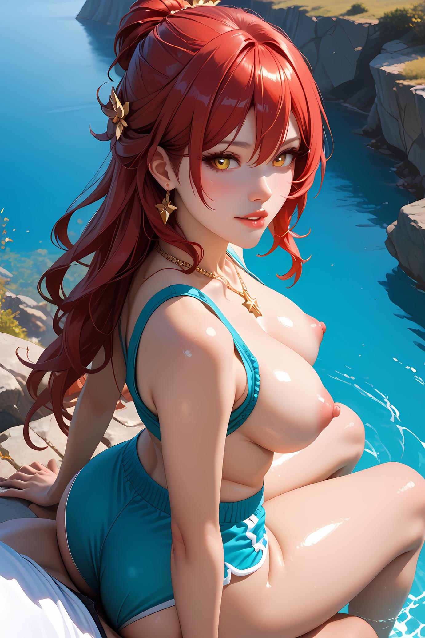 AI 生成的動漫女孩 - 崩壞：星穹鐵道 姬子：紅髮蕾絲內衣巨乳 84P