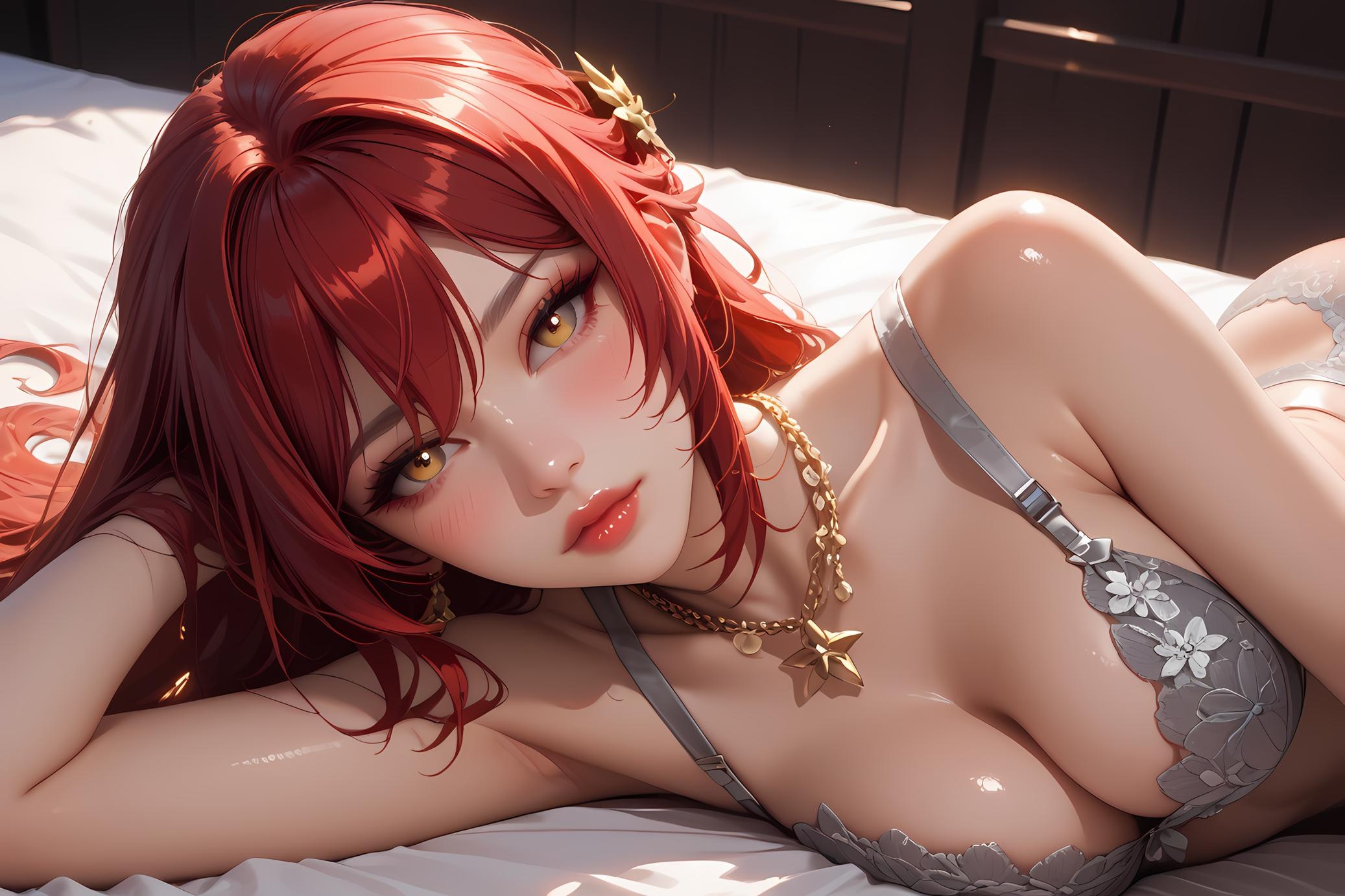 Cô Gái Anime Tạo Bởi AI - 崩坏星穹铁道 姬子: Đồ Lót Ren Đỏ Tóc Lửa, Ngực Khủng 84P