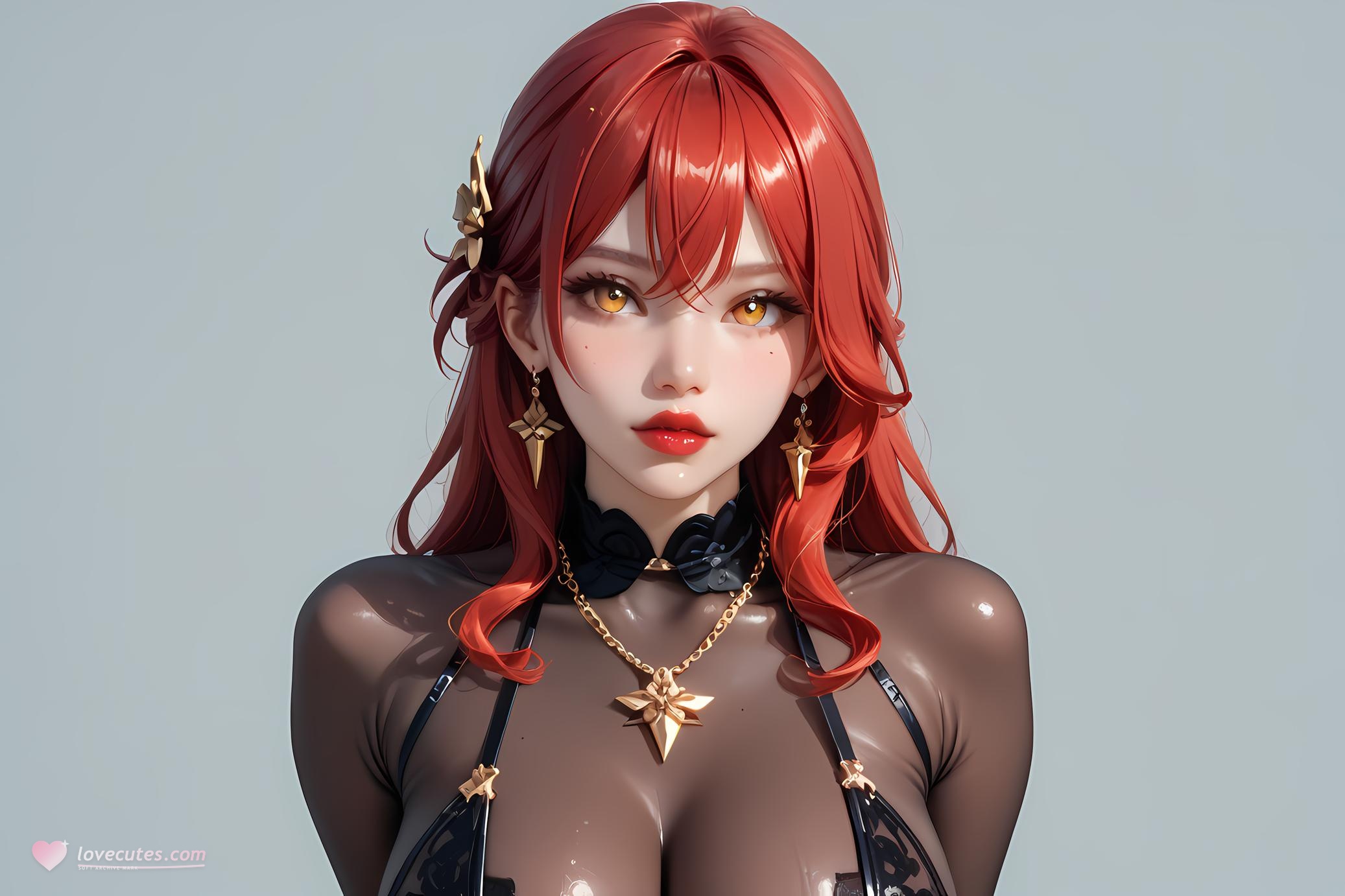 Cô Gái Anime Tạo Bởi AI - 崩坏星穹铁道 姬子: Đồ Lót Ren Đỏ Tóc Lửa, Ngực Khủng 84P