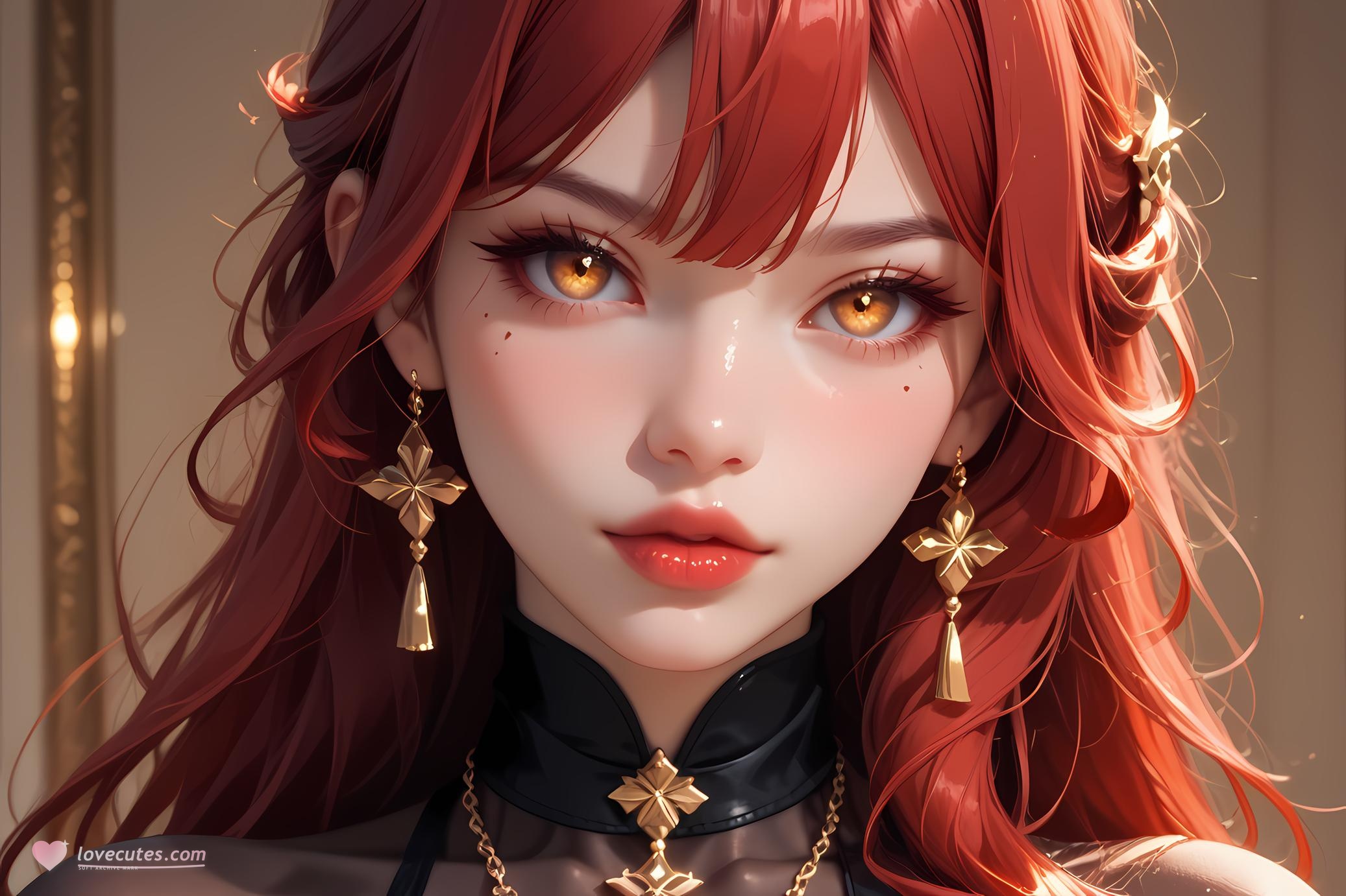 Cô Gái Anime Tạo Bởi AI - 崩坏星穹铁道 姬子: Đồ Lót Ren Đỏ Tóc Lửa, Ngực Khủng 84P