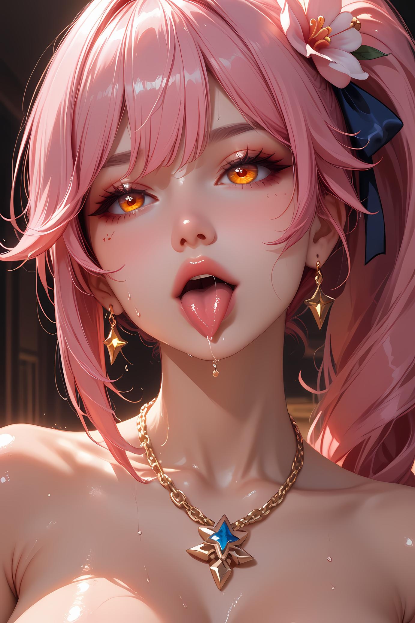 AI-Generated Anime Girl - Honkai: Star Rail's Kyouka: Pink Hair, Tongue Out, Exposed Cleavage 46P