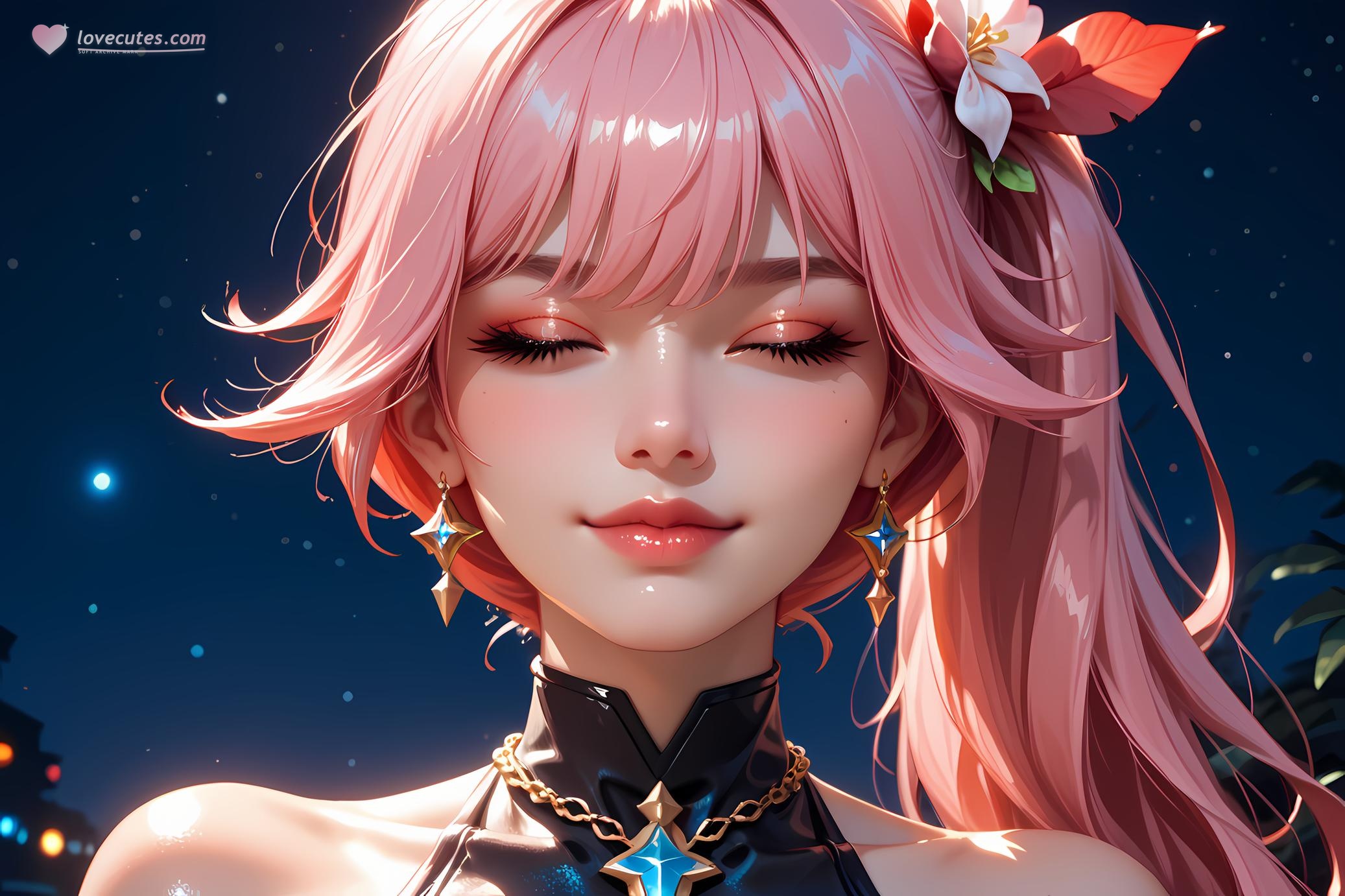 AI-Generated Anime Girl - Honkai: Star Rail's Kyouka: Pink Hair, Tongue Out, Exposed Cleavage 46P