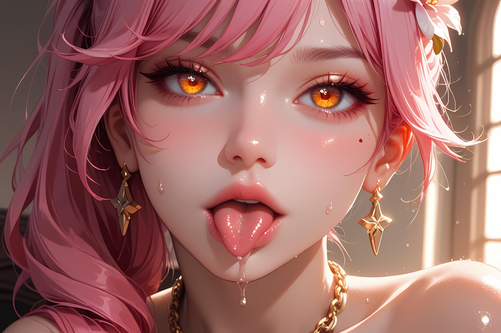 AI-Generated Anime Girl - Honkai: Star Rail's Kyouka: Pink Hair, Tongue Out, Exposed Cleavage 46P