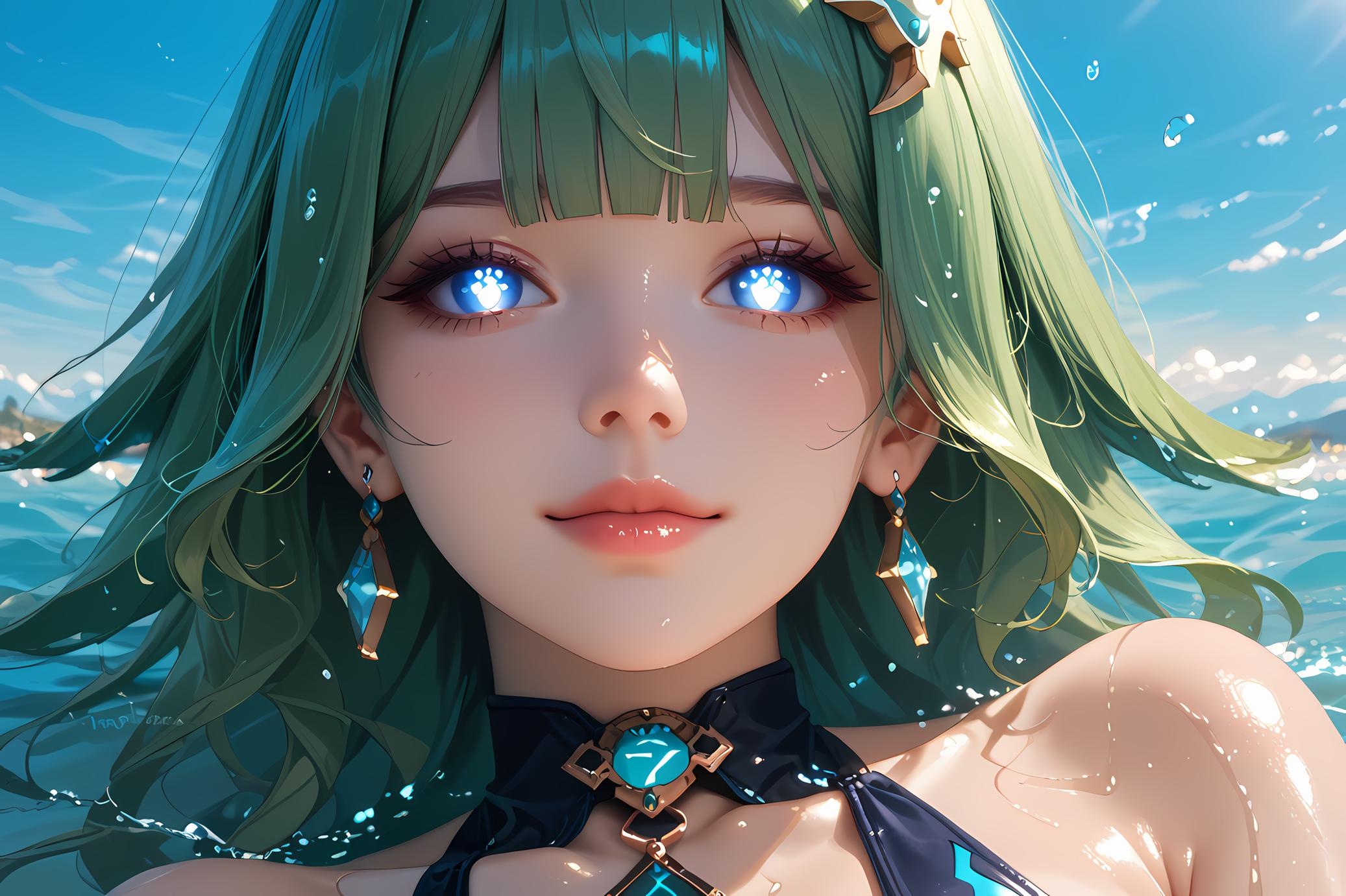 AI生成的動漫女孩 - 崩壞星穹鐵道 藿藿：綠髮藍色泳裝爆乳 66P
