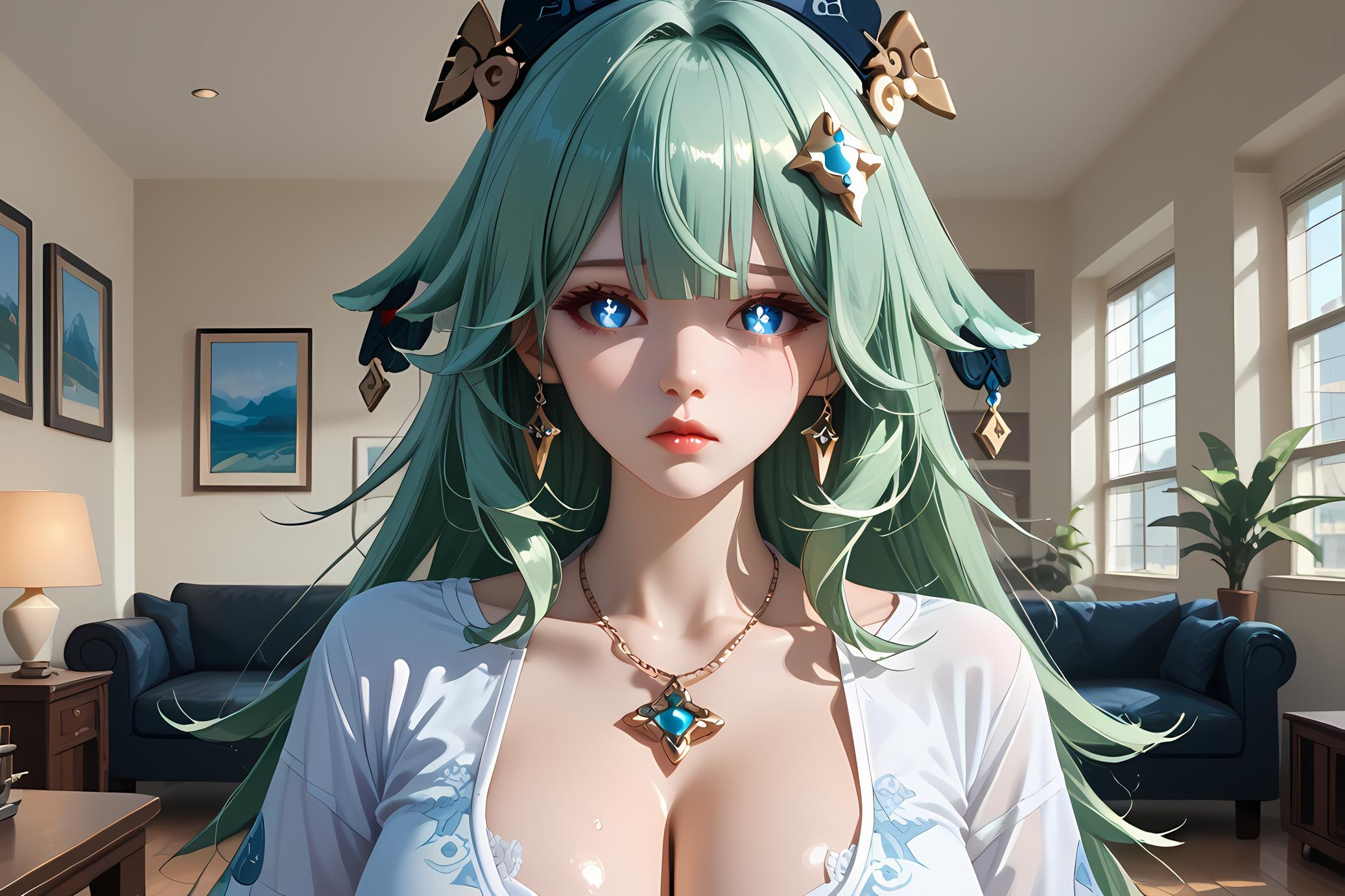 Cô Gái Anime Tạo Bởi AI - 崩坏星穹铁道 藿藿: Tóc Xanh, Đồ Tắm Xanh, Ngực Khủng 66P