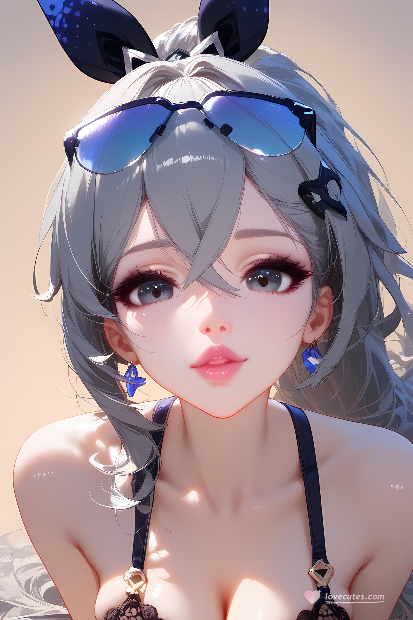 AI Generated Anime Girl - Honkai: Star Rail Silver Wolf: Silver-Haired Swimsuit Bust Close-Up 35P