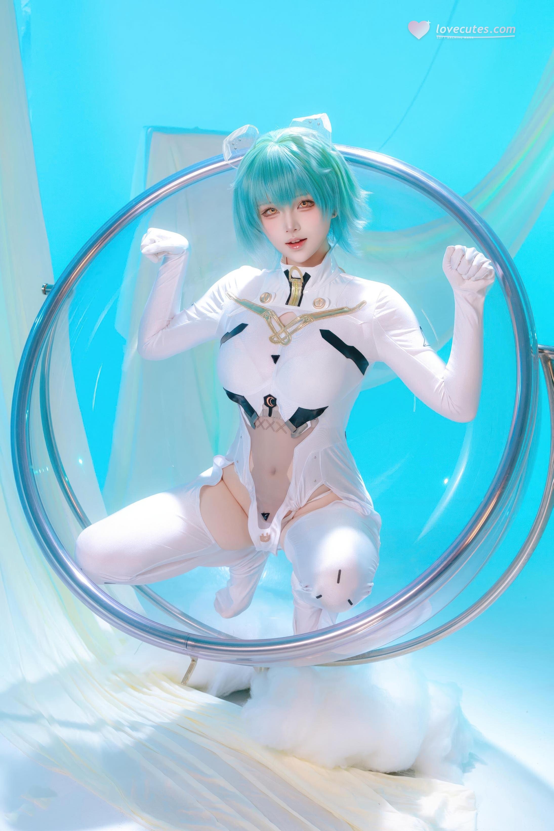 【Cosplay】屿魚 - 碧藍航線 納希莫夫·海軍上將：藍綠短髮白色緊身衣 巨乳美腿還原 45P