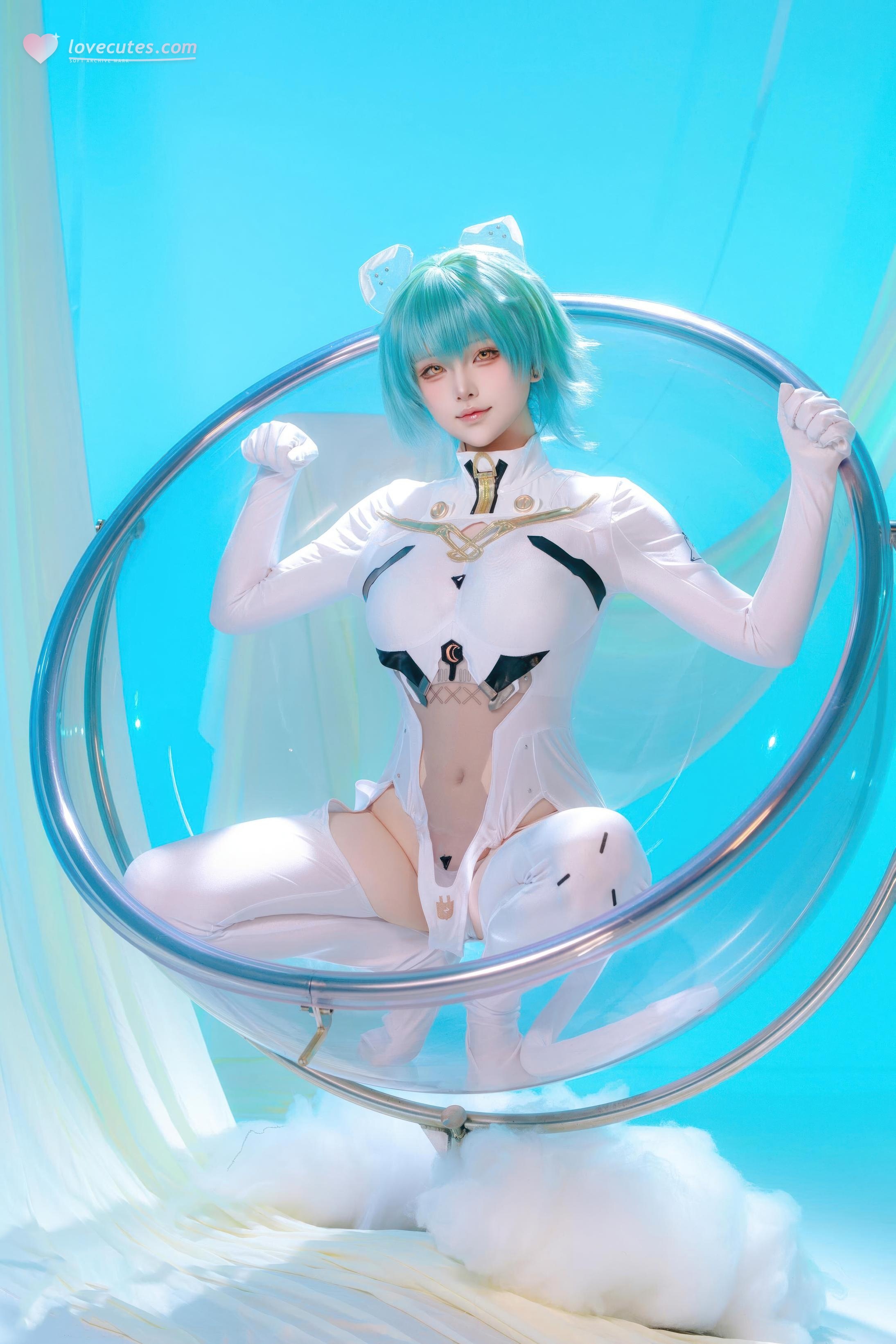 【Cosplay】屿魚 - 碧藍航線 納希莫夫·海軍上將：藍綠短髮白色緊身衣 巨乳美腿還原 45P
