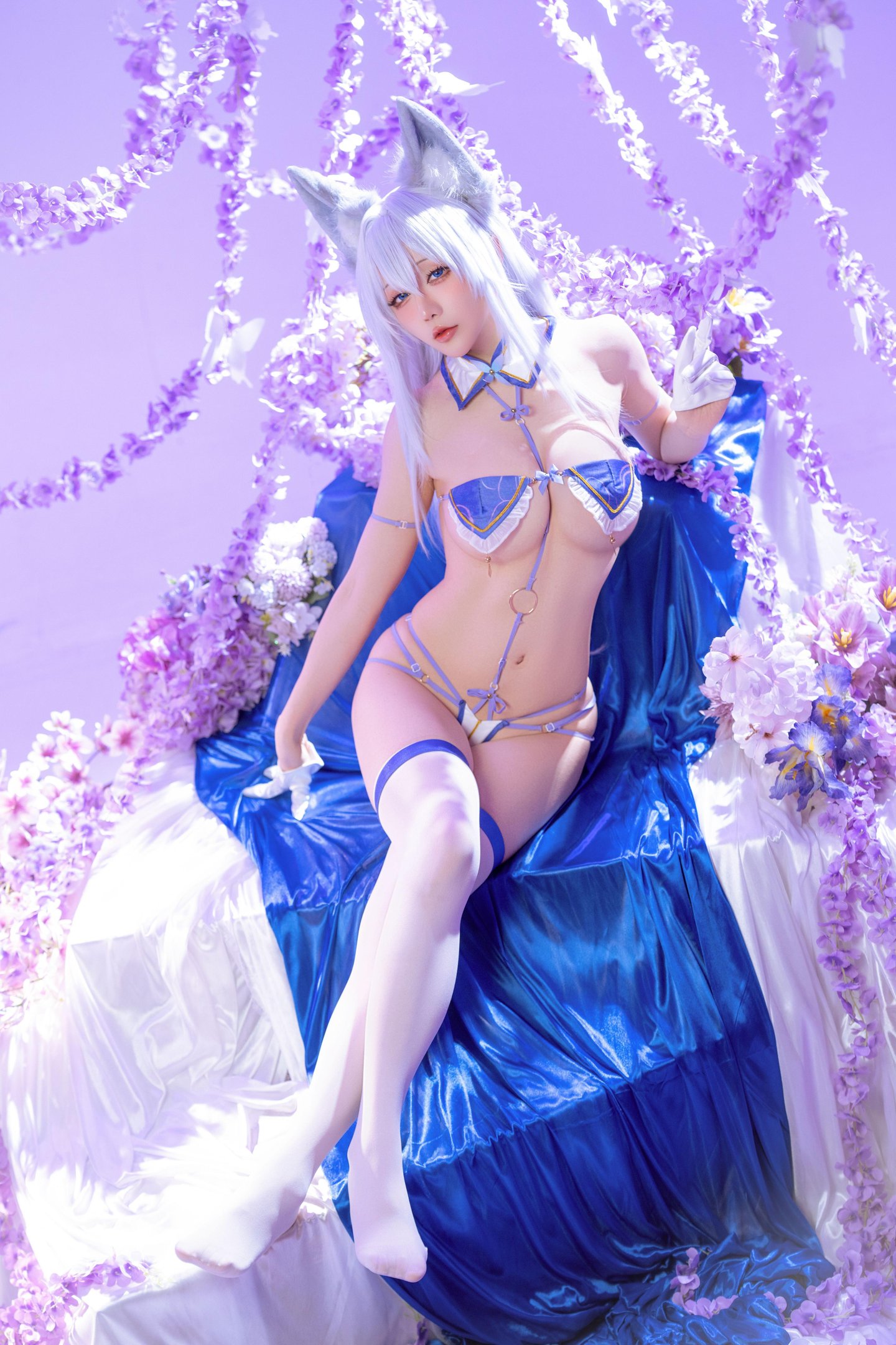 '[cosplay] Hoshilily - 信浓: Tai cáo, tóc trắng, trang phục xanh trắng, ngực khủng, 60P'