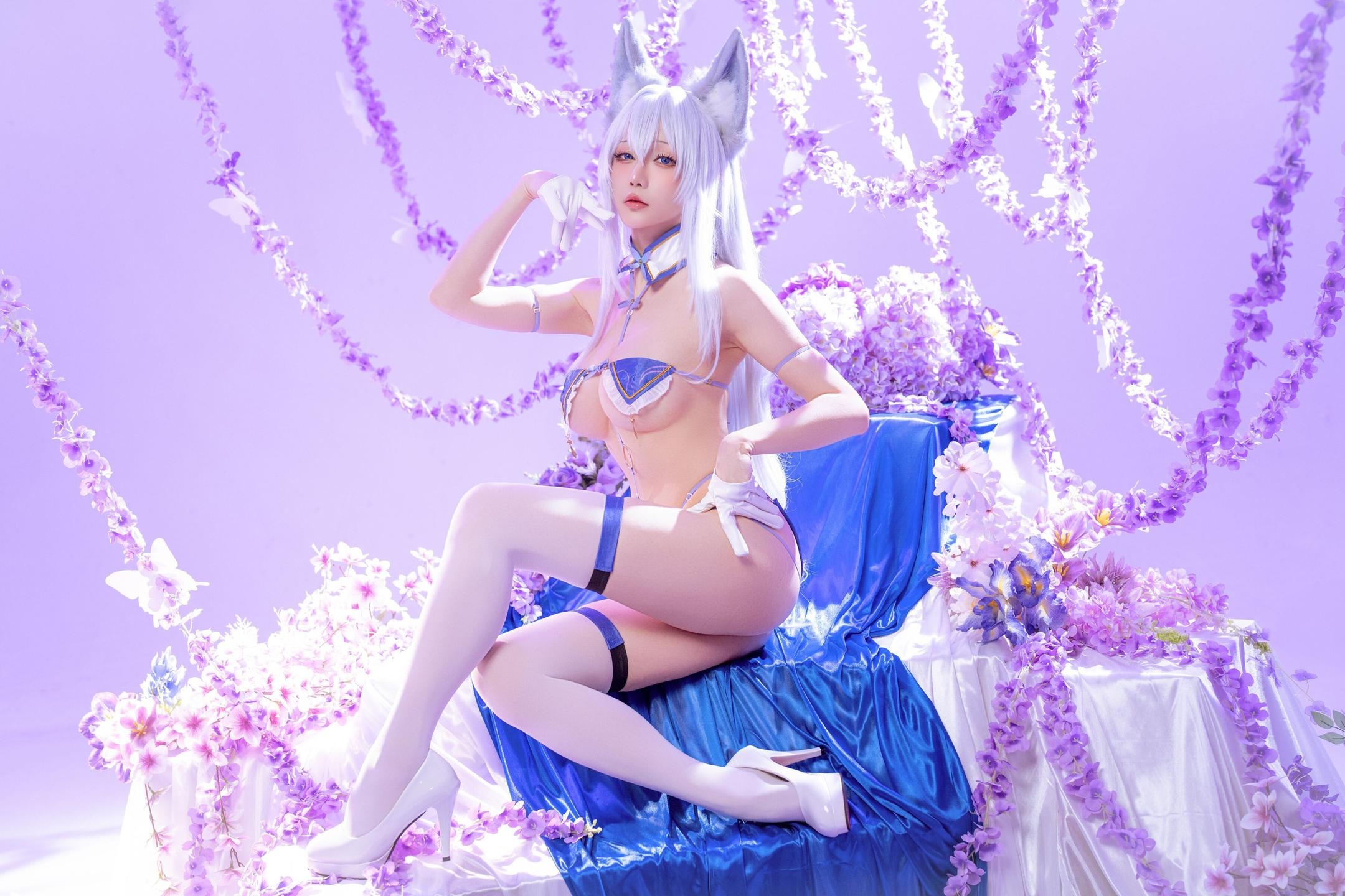 '[cosplay] Hoshilily - 信浓: Tai cáo, tóc trắng, trang phục xanh trắng, ngực khủng, 60P'