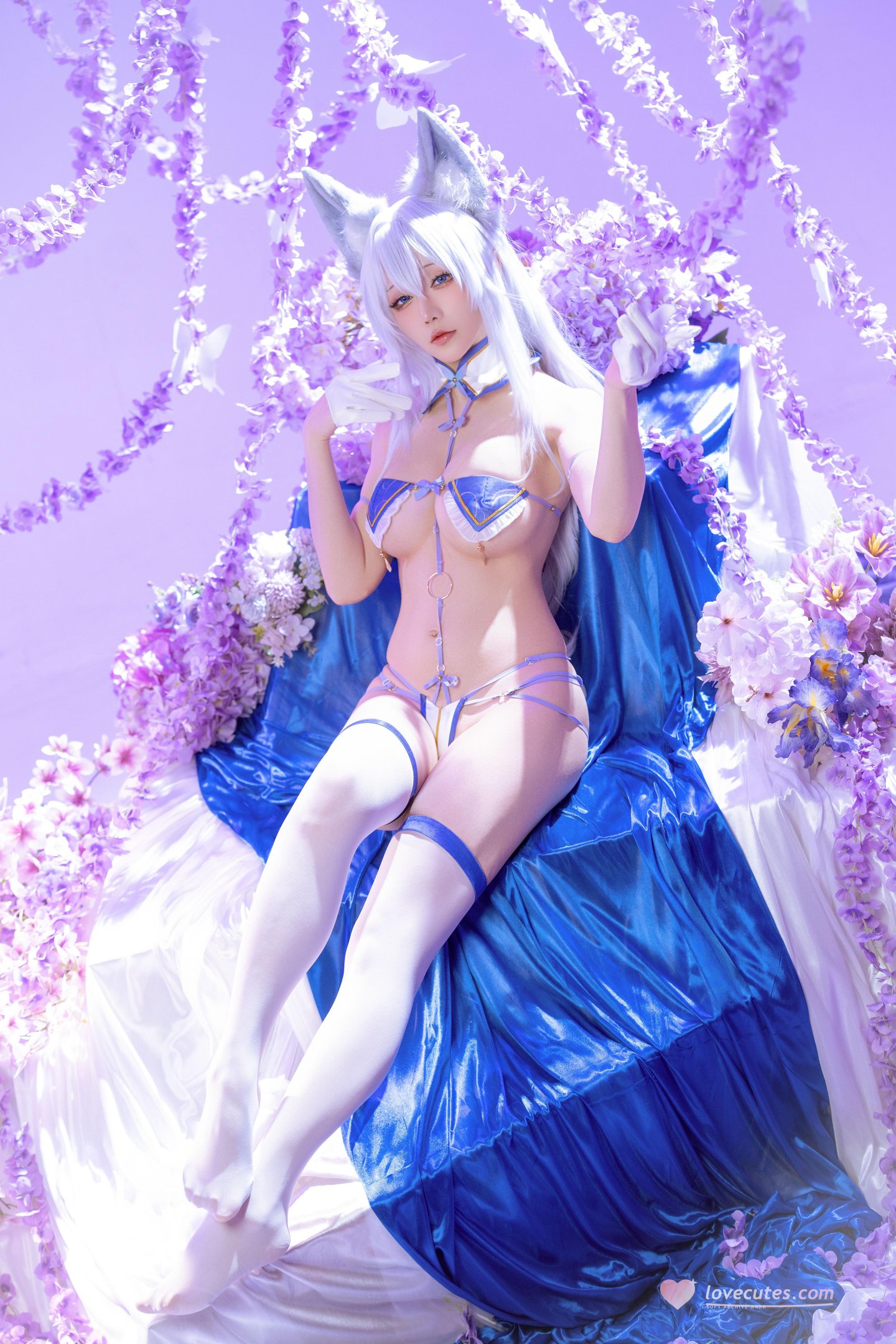 '[cosplay] Hoshilily - 信浓: Tai cáo, tóc trắng, trang phục xanh trắng, ngực khủng, 60P'