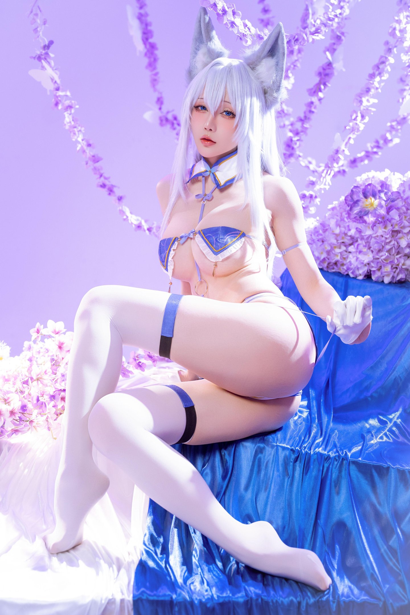 '[cosplay] Hoshilily - 信浓: Tai cáo, tóc trắng, trang phục xanh trắng, ngực khủng, 60P'