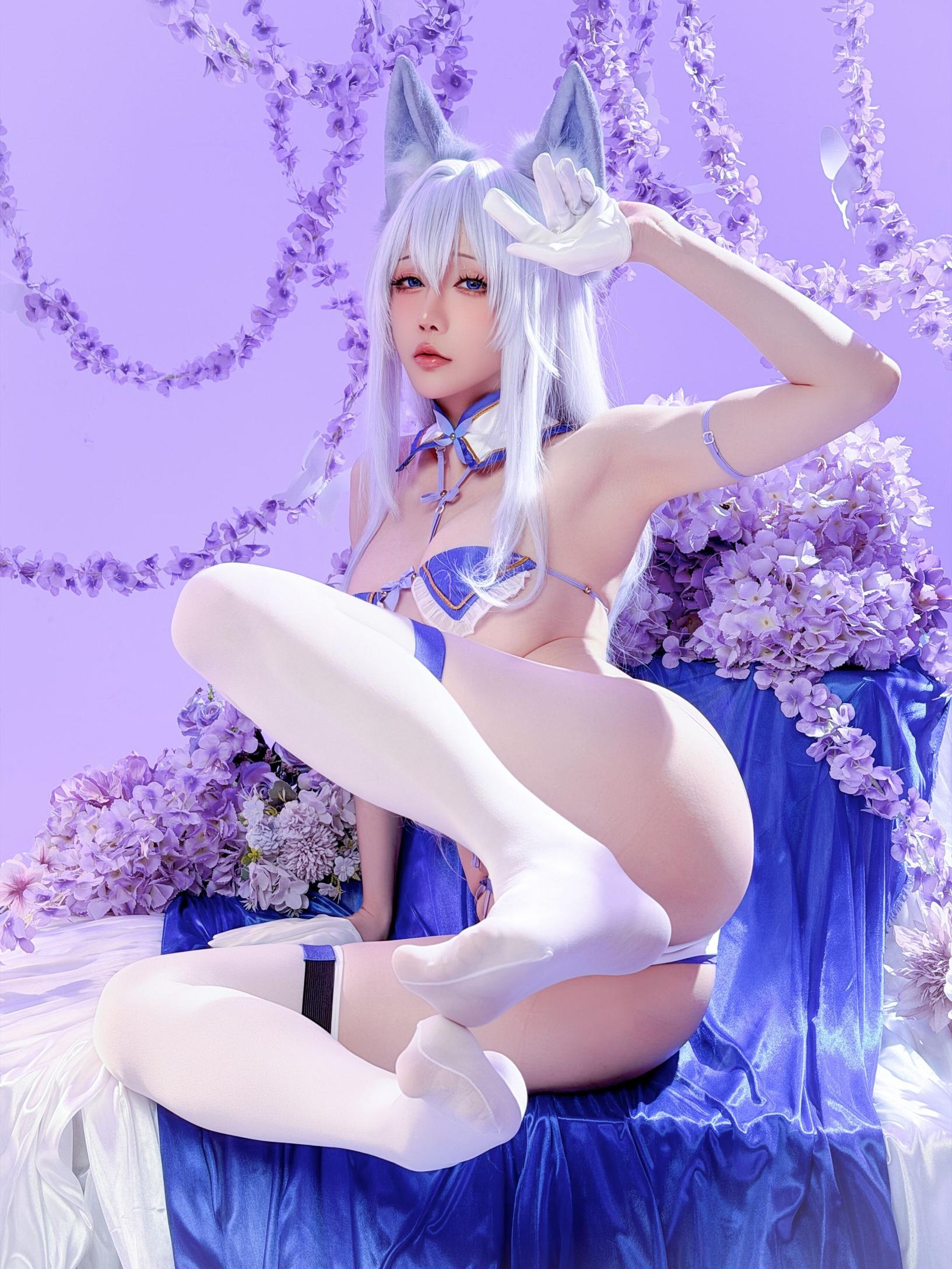 【コスプレ】星之迟迟Hoshilily - 碧蓝航线 信浓：狐耳白髪の青白い衣装 白ストッキングの巨乳再現 60P