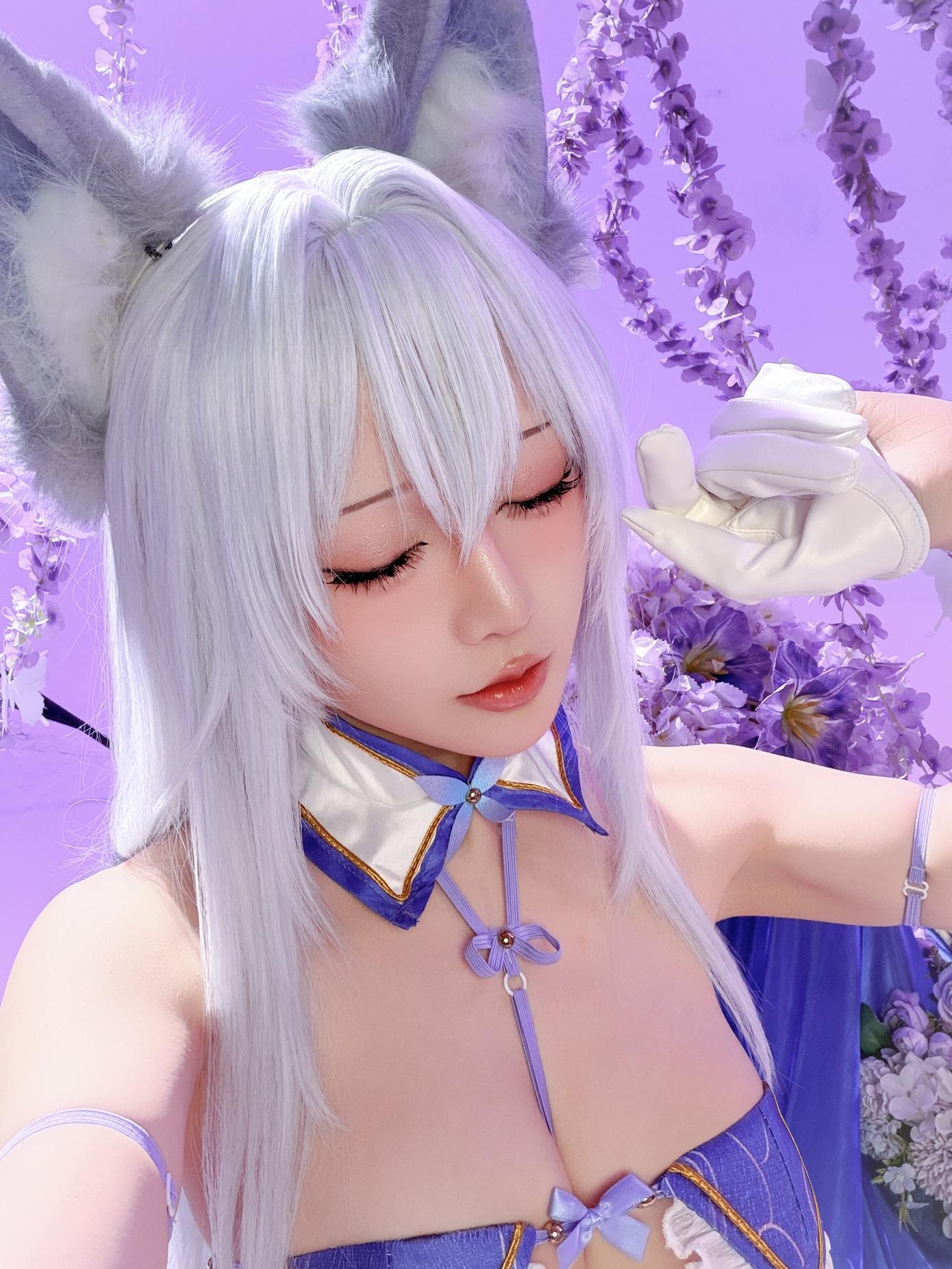 【コスプレ】星之迟迟Hoshilily - 碧蓝航线 信浓：狐耳白髪の青白い衣装 白ストッキングの巨乳再現 60P