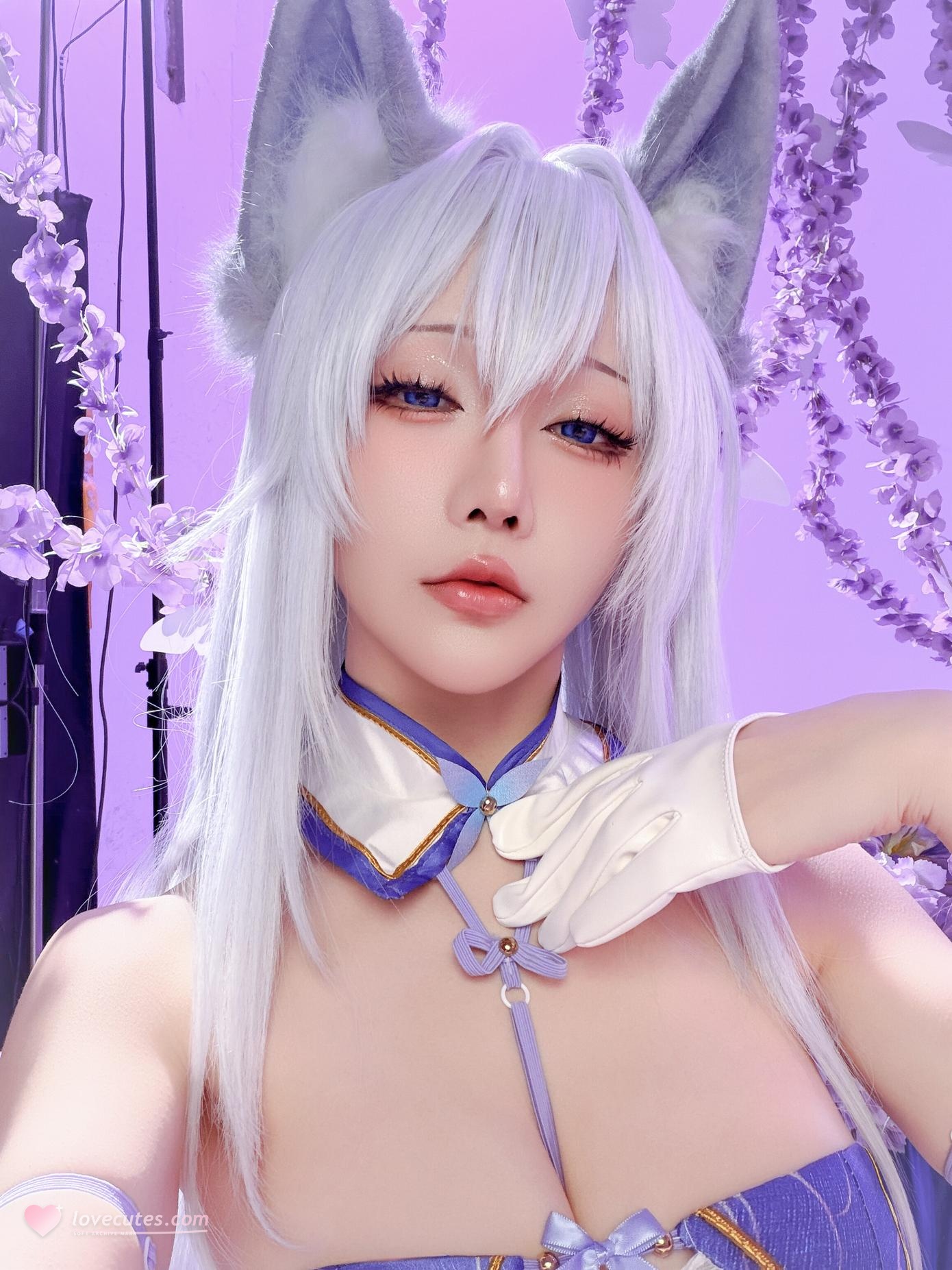【コスプレ】星之迟迟Hoshilily - 碧蓝航线 信浓：狐耳白髪の青白い衣装 白ストッキングの巨乳再現 60P
