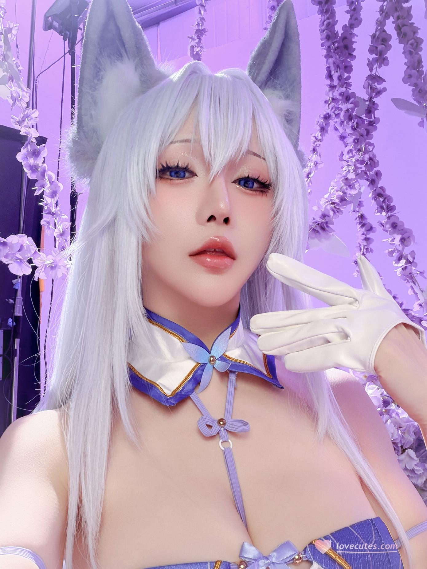 【コスプレ】星之迟迟Hoshilily - 碧蓝航线 信浓：狐耳白髪の青白い衣装 白ストッキングの巨乳再現 60P