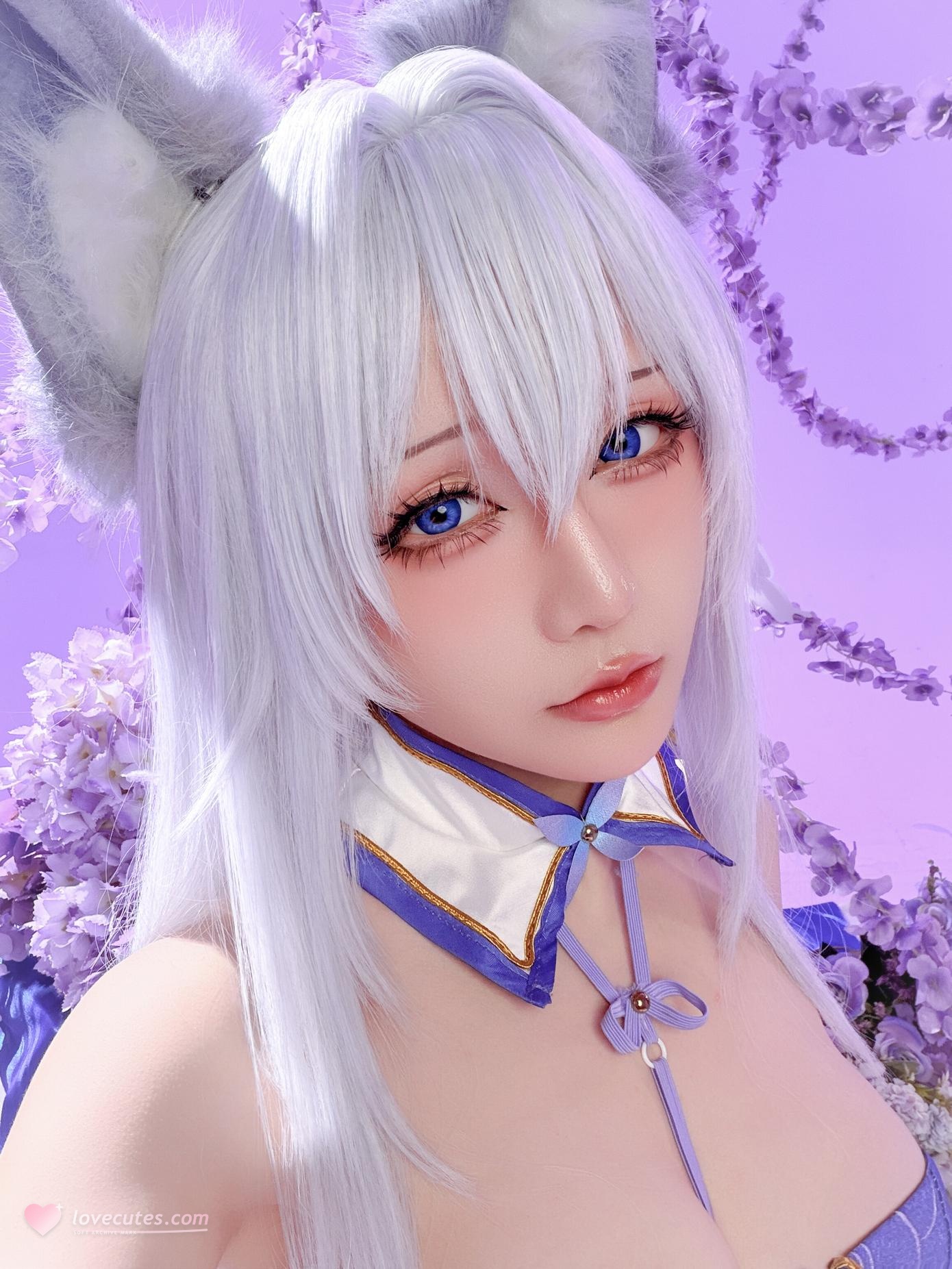【コスプレ】星之迟迟Hoshilily - 碧蓝航线 信浓：狐耳白髪の青白い衣装 白ストッキングの巨乳再現 60P