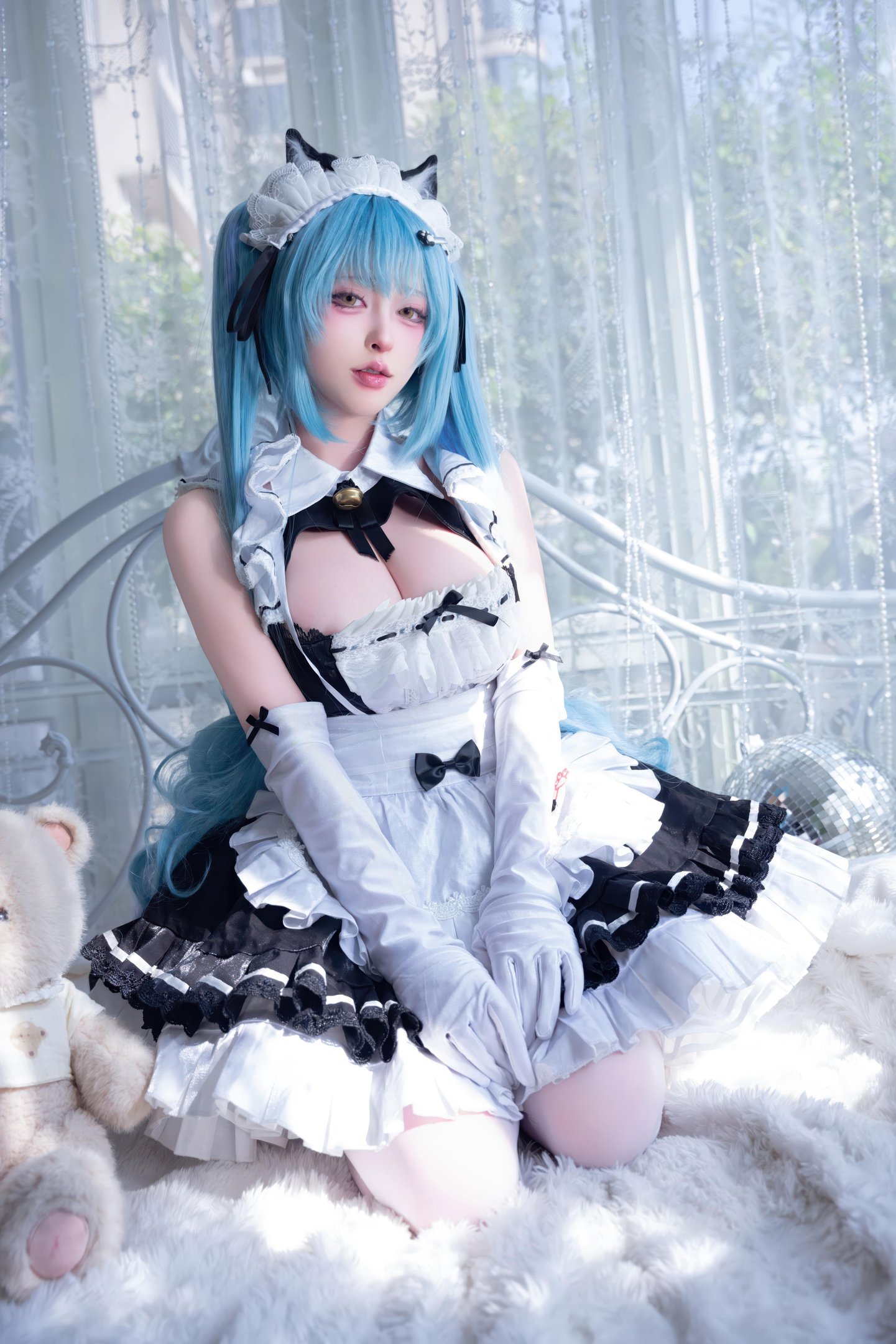 [costume扮演] 清水由乃 - Nikke勝利女神 普利瓦蒂：藍髮貓耳女僕 白絲露點還原 85P1V