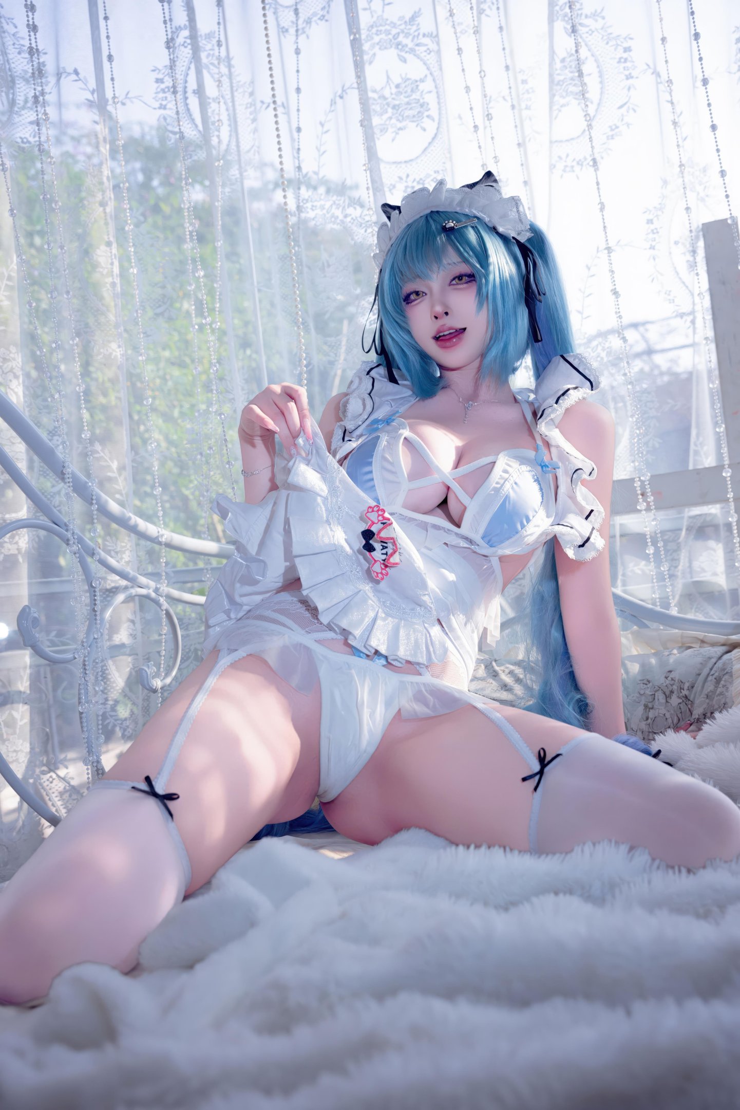 [Cosplay] Shimizu Yuno - Nikke Goddess of Victory Plavati: Blue-Haired Cat-Eared Maid with Sheer Stockings, 85P1V