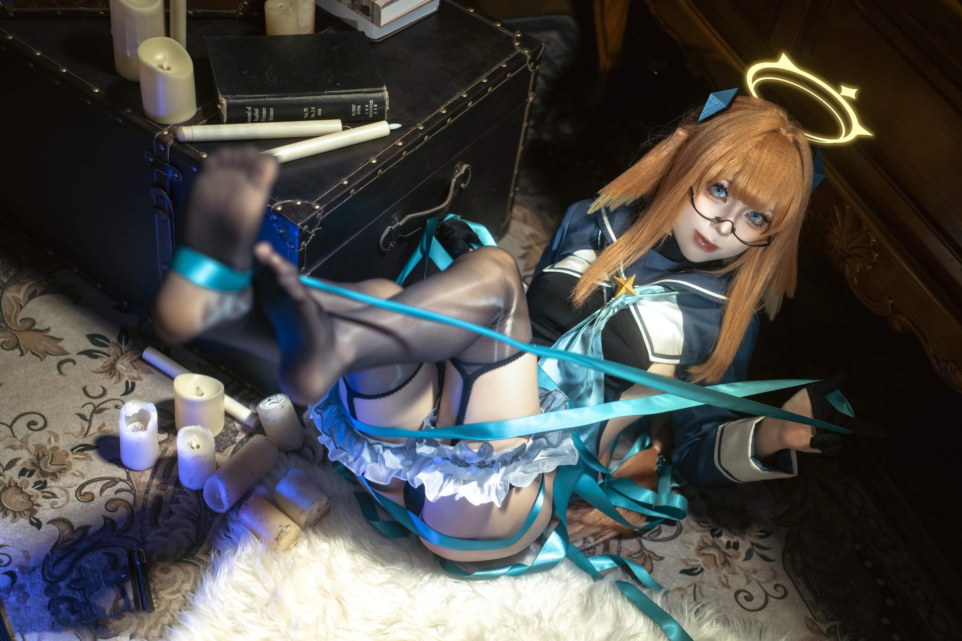 【コスプレ】矢量魚 - 蔚蓝档案 志美子：眼鏡光環図書館 黒スト高スリット露臀再現 50P
