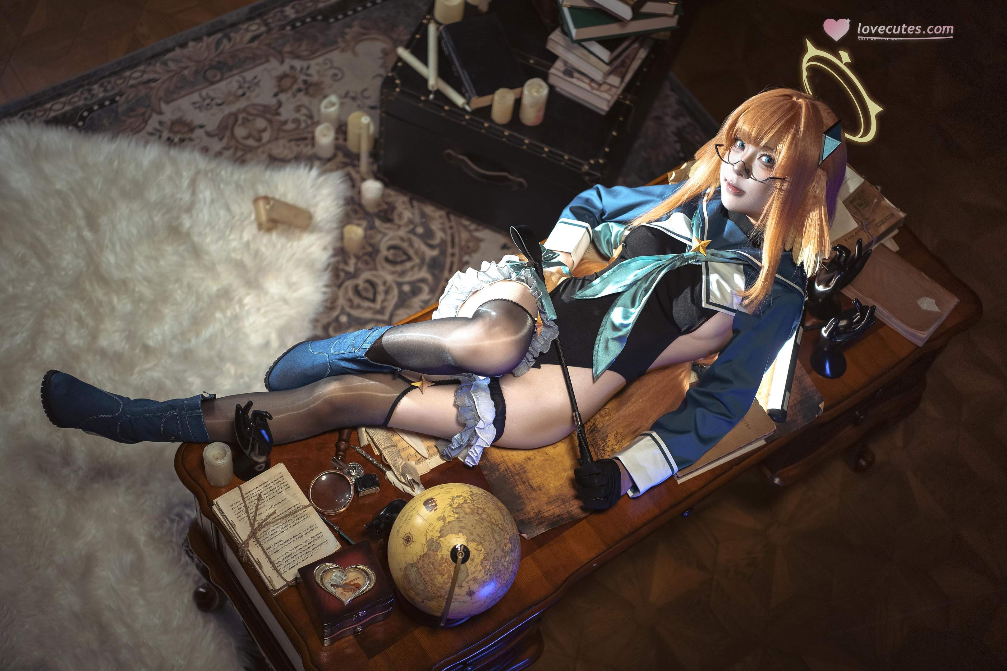 【コスプレ】矢量魚 - 蔚蓝档案 志美子：眼鏡光環図書館 黒スト高スリット露臀再現 50P