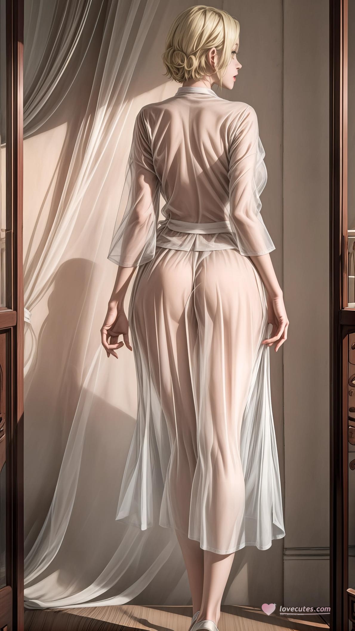 Cô Gái Anime Tạo Ra Bằng AI - 金发短发原创熟女：Bikini Bự Mông Cong, Váy Dài Trong Suốt 46P