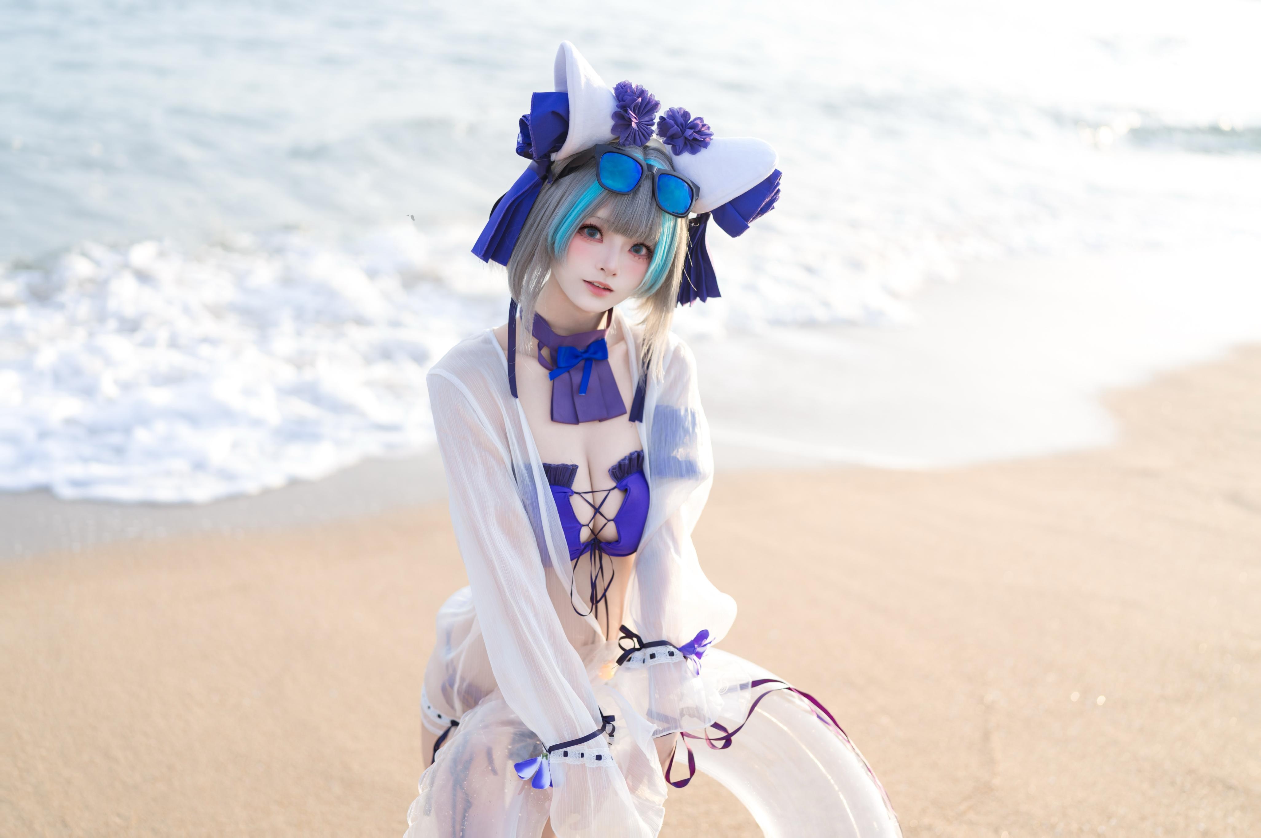 [costume play] 九柒喵 - 碧藍航線 柴郡泳裝：海灘比基尼美腿翹臀 26P