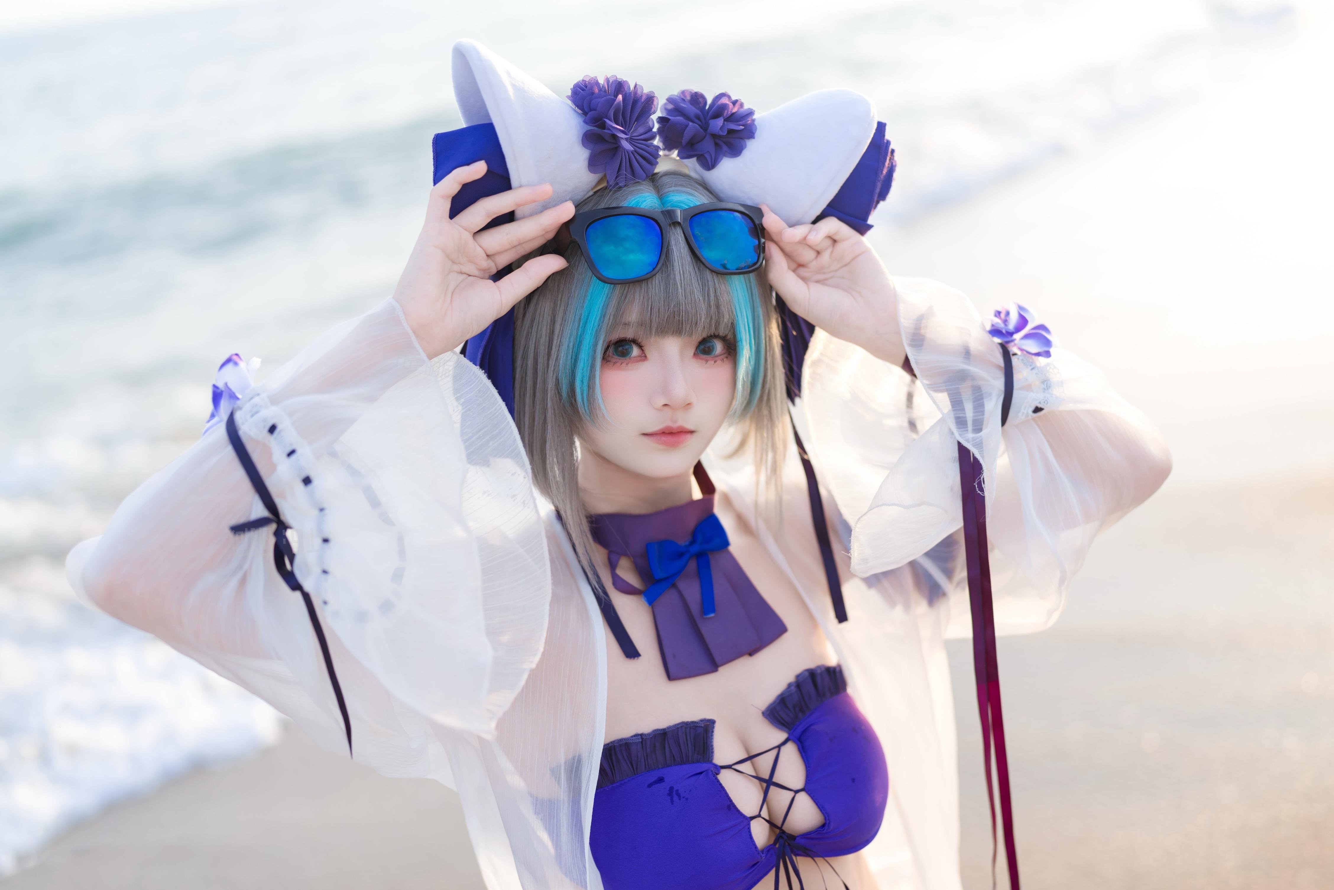 [costume play] 九柒喵 - 碧藍航線 柴郡泳裝：海灘比基尼美腿翹臀 26P