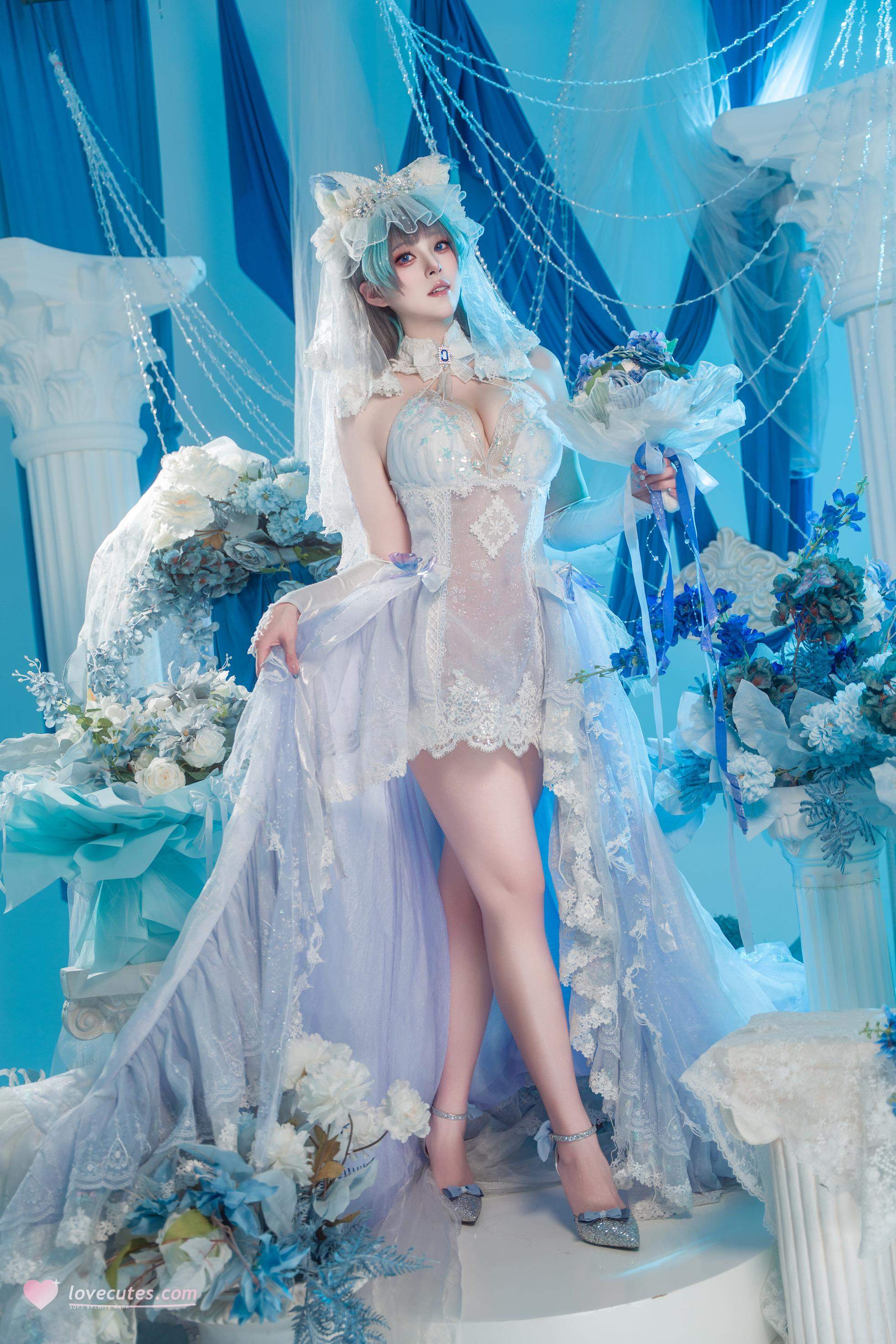 【コスプレ】夏夏子 - 碧蓝航线 柴郡のウェディングドレス：白いレースの下着 巨乳美脚 70P