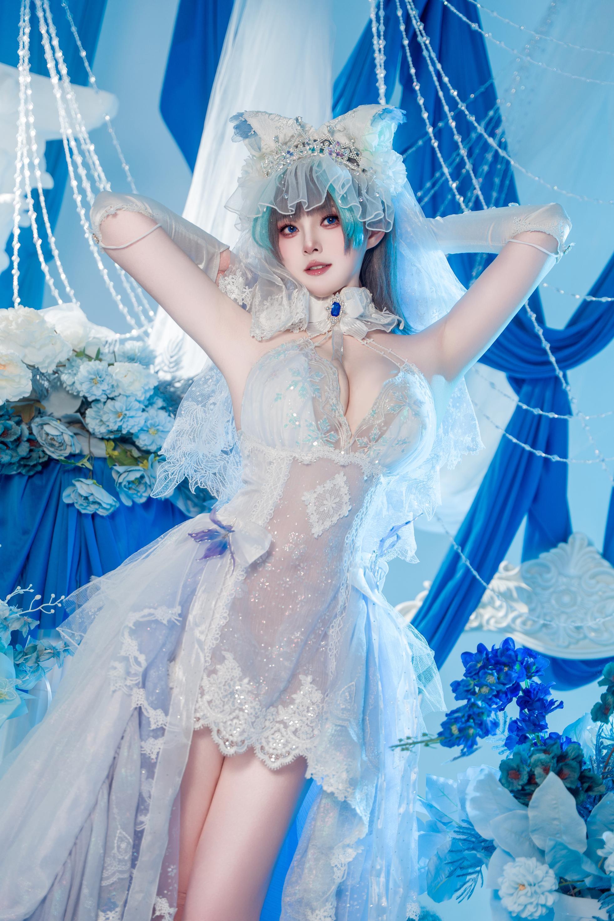 【コスプレ】夏夏子 - 碧蓝航线 柴郡のウェディングドレス：白いレースの下着 巨乳美脚 70P