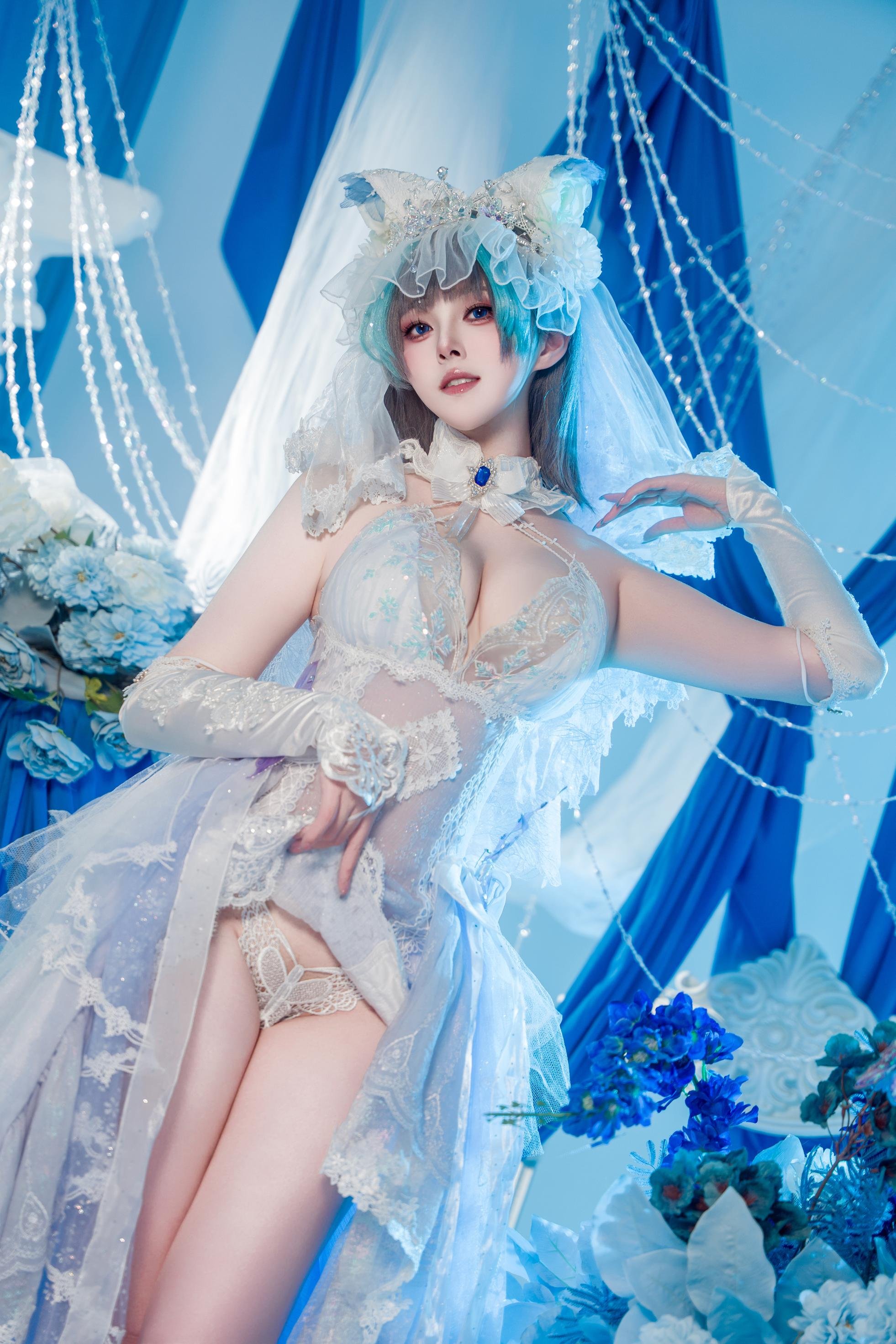 【コスプレ】夏夏子 - 碧蓝航线 柴郡のウェディングドレス：白いレースの下着 巨乳美脚 70P