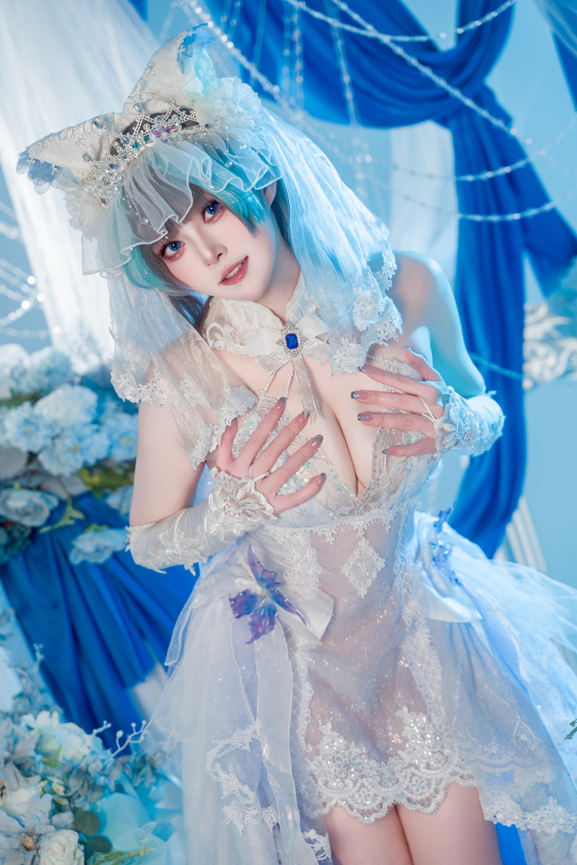 【コスプレ】夏夏子 - 碧蓝航线 柴郡のウェディングドレス：白いレースの下着 巨乳美脚 70P