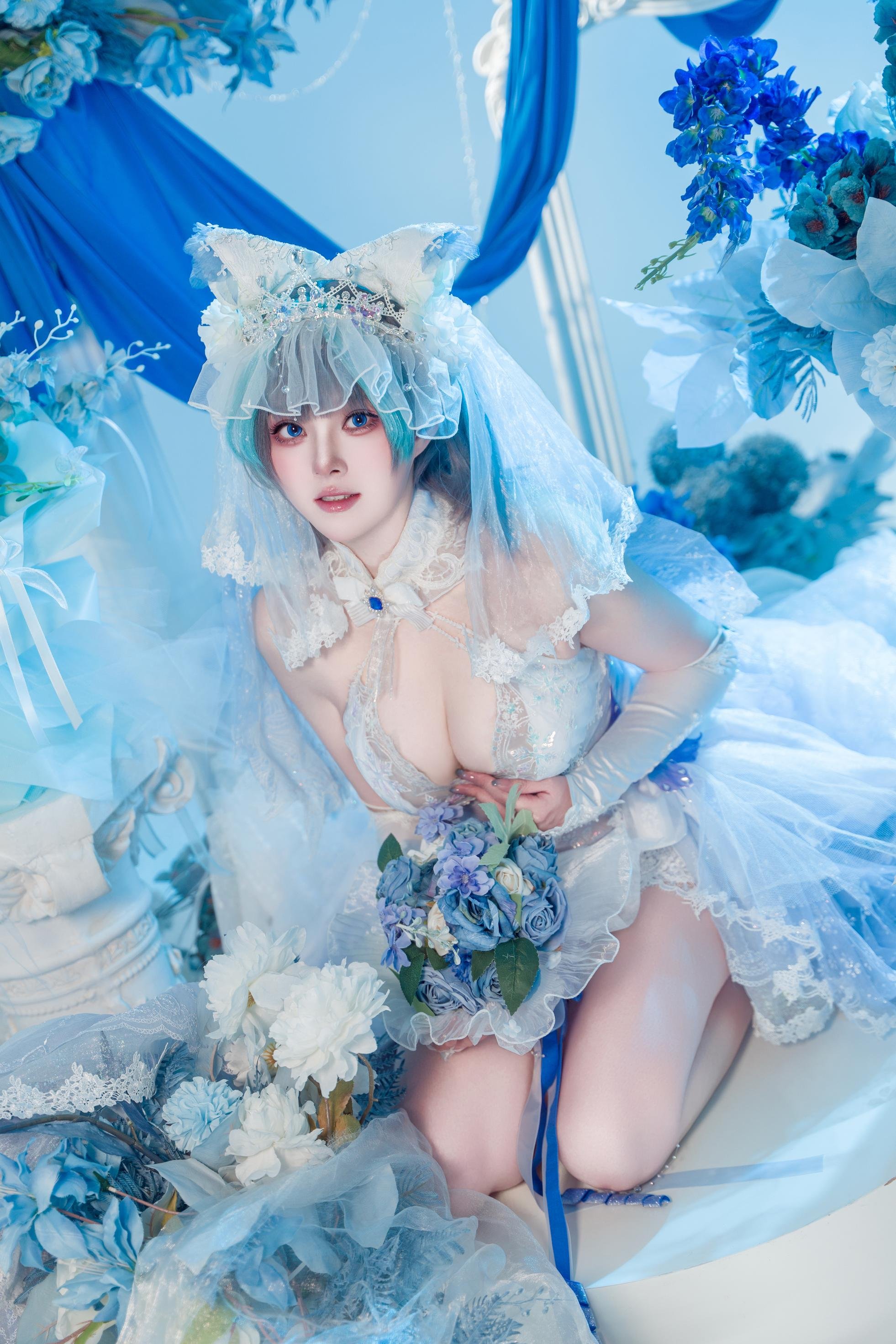 【コスプレ】夏夏子 - 碧蓝航线 柴郡のウェディングドレス：白いレースの下着 巨乳美脚 70P