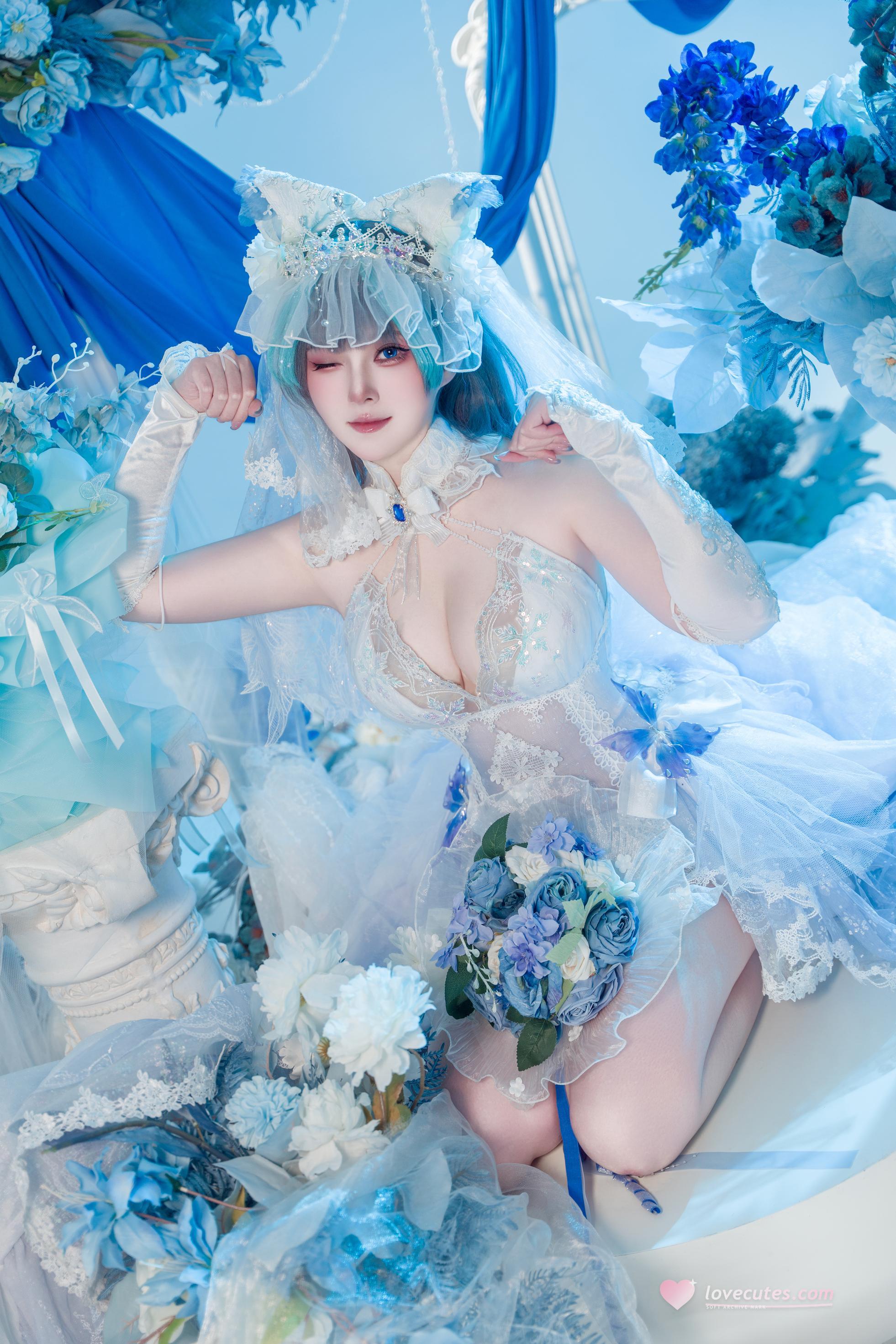 【コスプレ】夏夏子 - 碧蓝航线 柴郡のウェディングドレス：白いレースの下着 巨乳美脚 70P