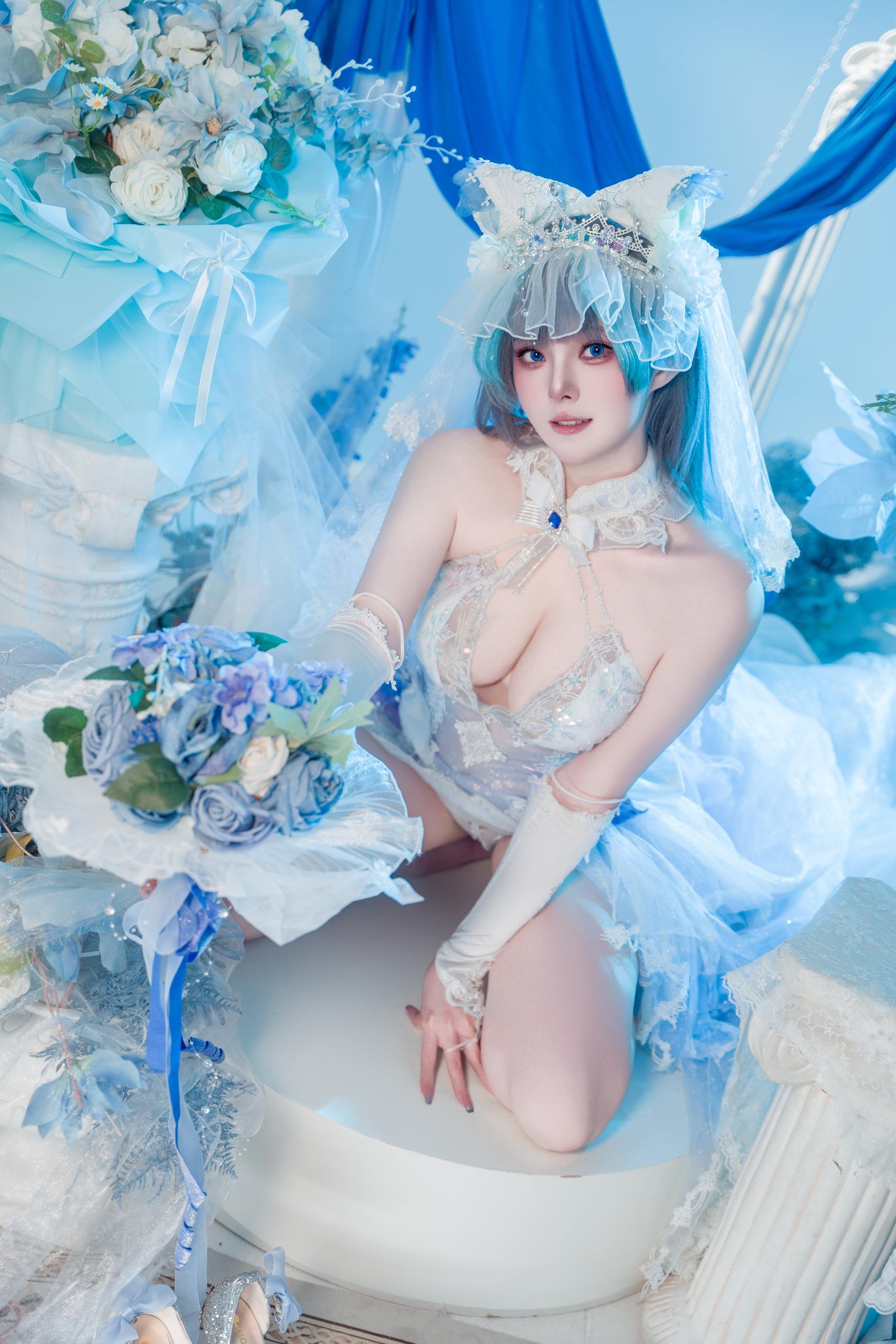 【コスプレ】夏夏子 - 碧蓝航线 柴郡のウェディングドレス：白いレースの下着 巨乳美脚 70P
