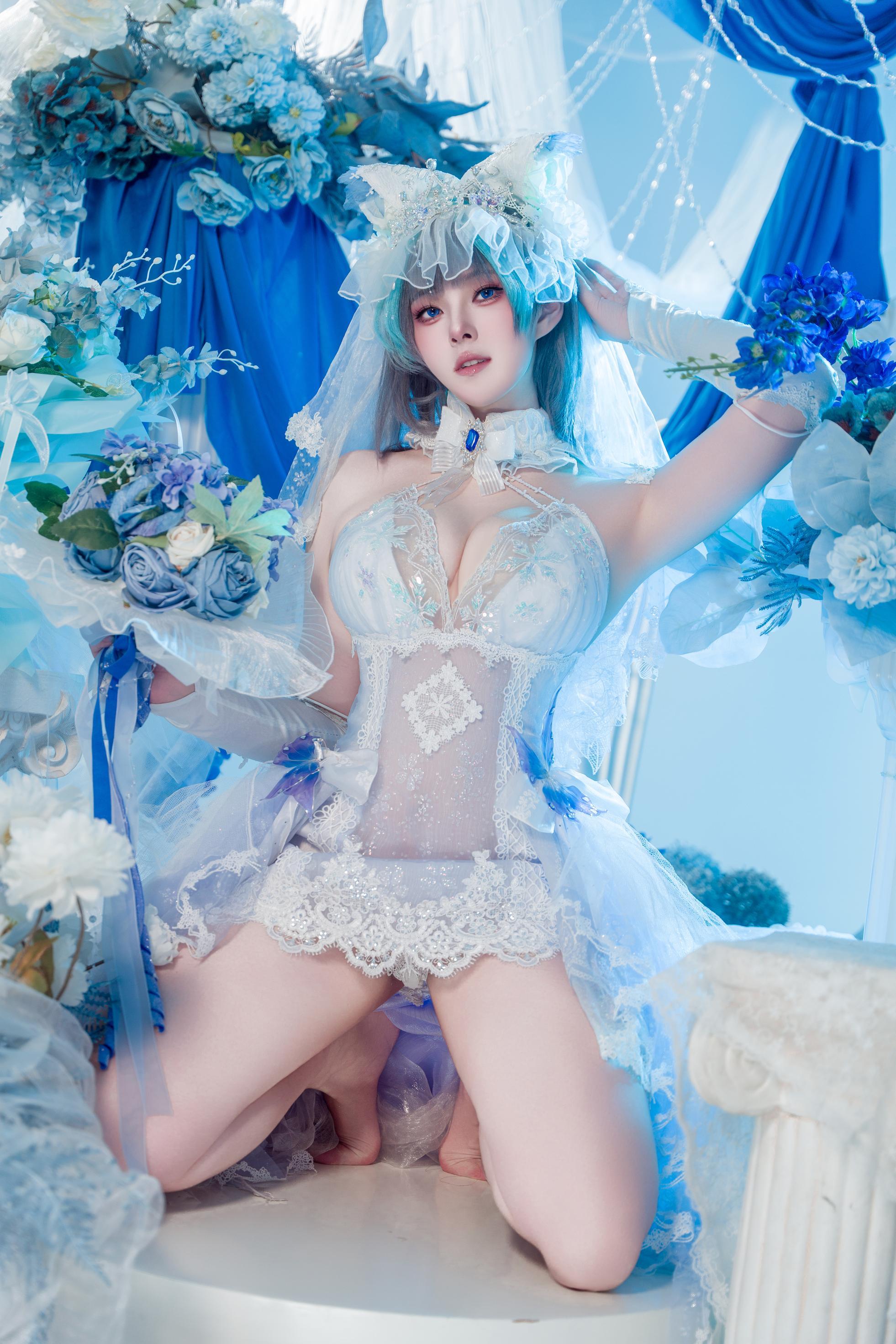 【コスプレ】夏夏子 - 碧蓝航线 柴郡のウェディングドレス：白いレースの下着 巨乳美脚 70P