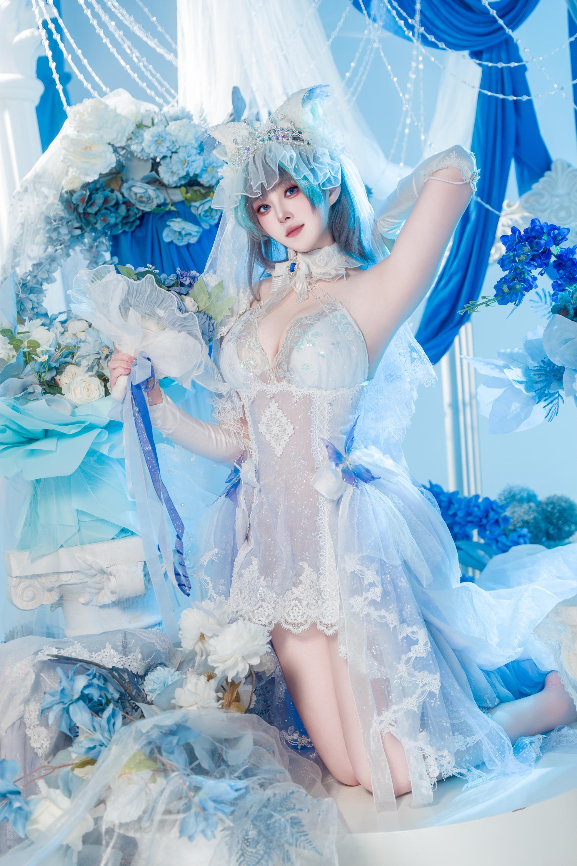 【コスプレ】夏夏子 - 碧蓝航线 柴郡のウェディングドレス：白いレースの下着 巨乳美脚 70P