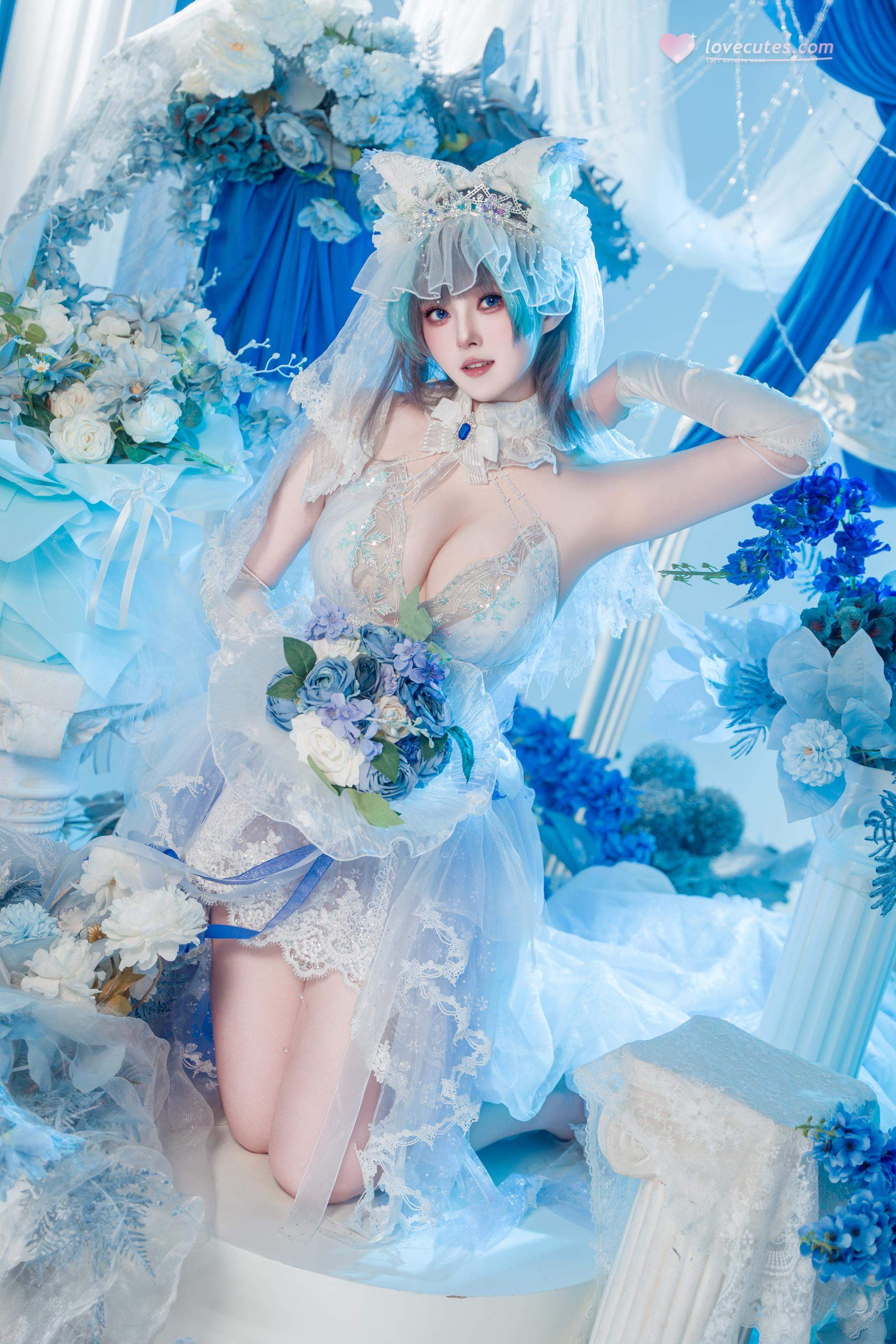 【コスプレ】夏夏子 - 碧蓝航线 柴郡のウェディングドレス：白いレースの下着 巨乳美脚 70P