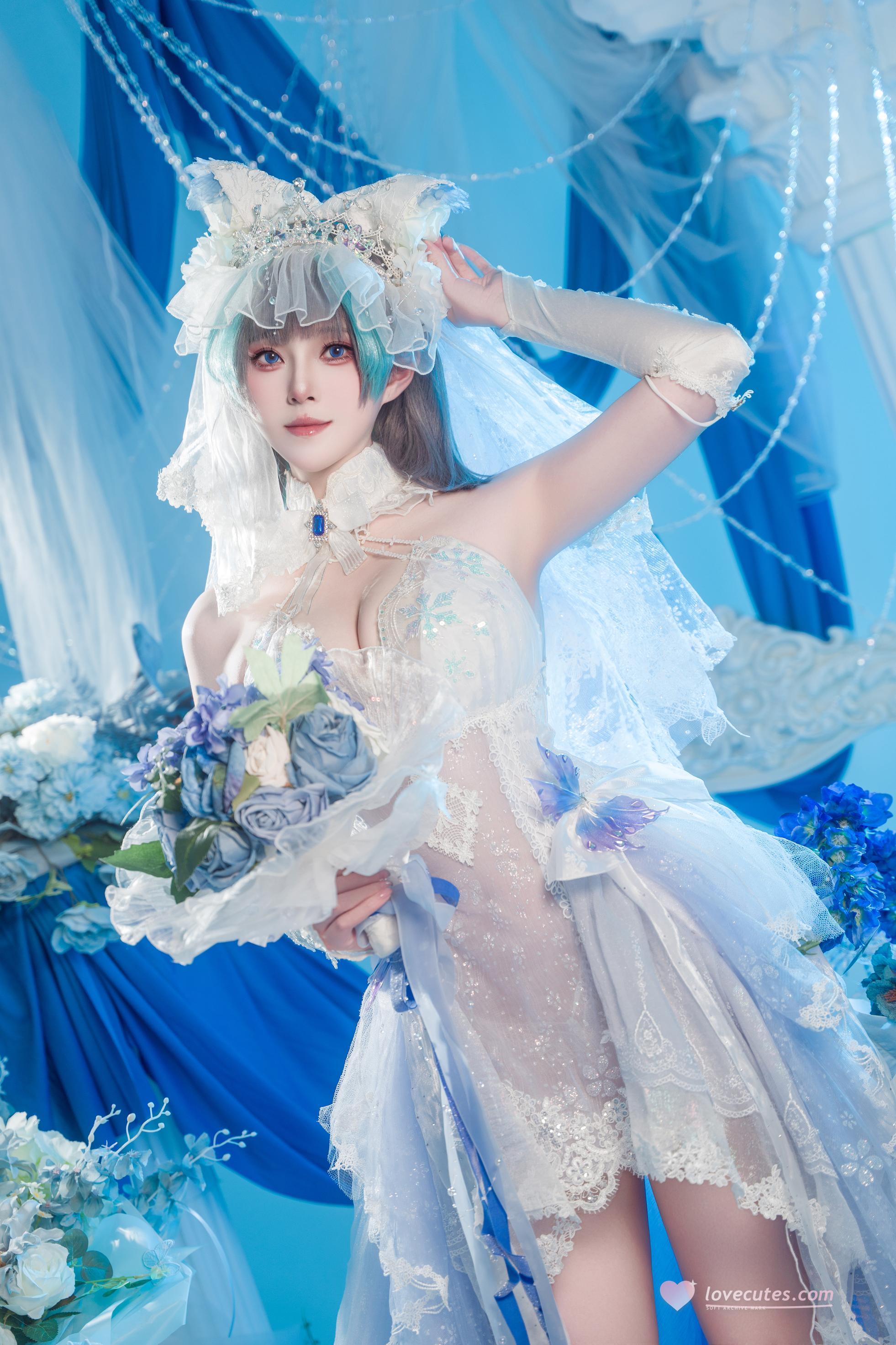 '[cosplay] Natsuko夏夏子 - 碧蓝航线柴郡婚纱: Váy cưới trắng, nội y ren, ngực khủng, chân dài 70P'