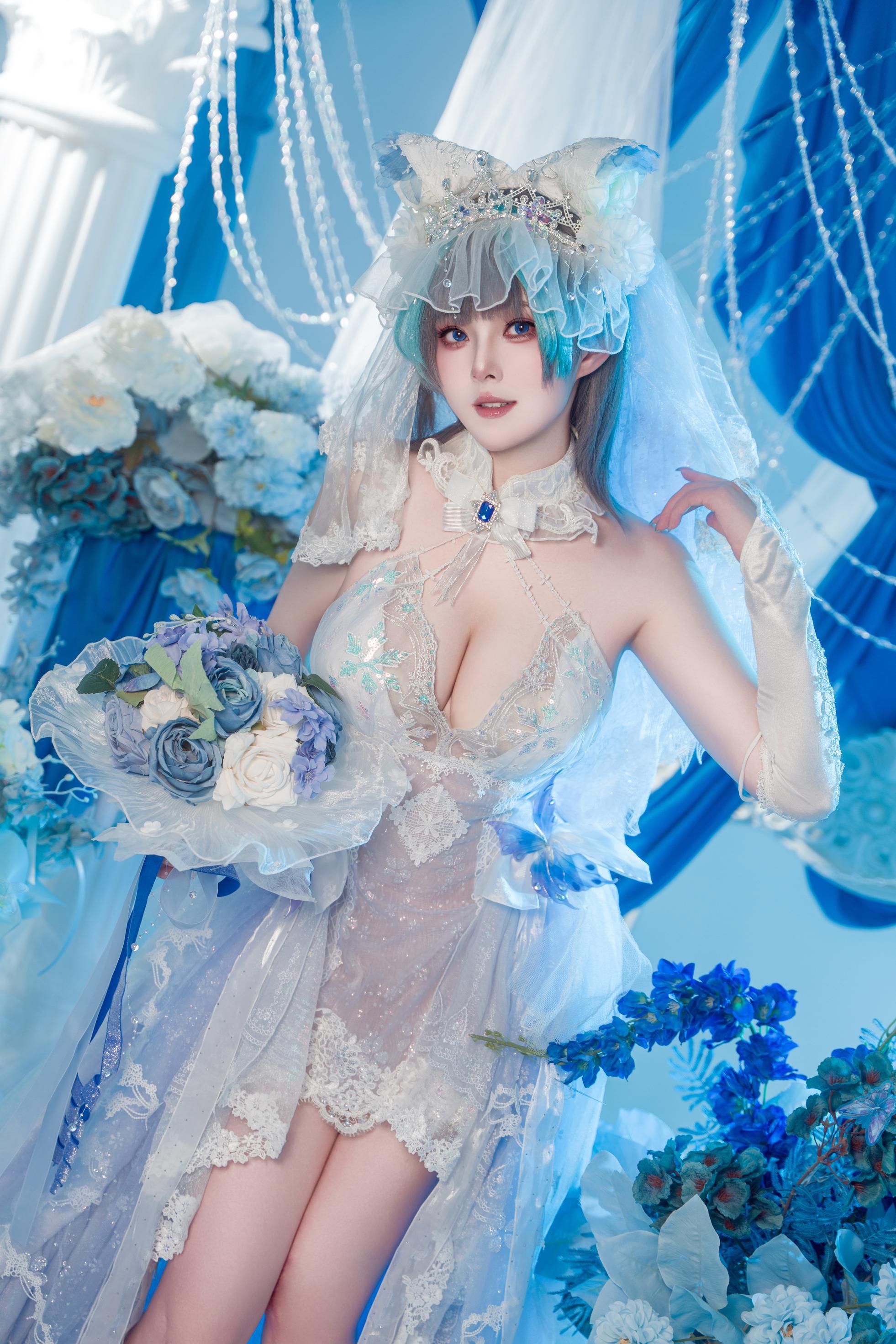 【コスプレ】夏夏子 - 碧蓝航线 柴郡のウェディングドレス：白いレースの下着 巨乳美脚 70P