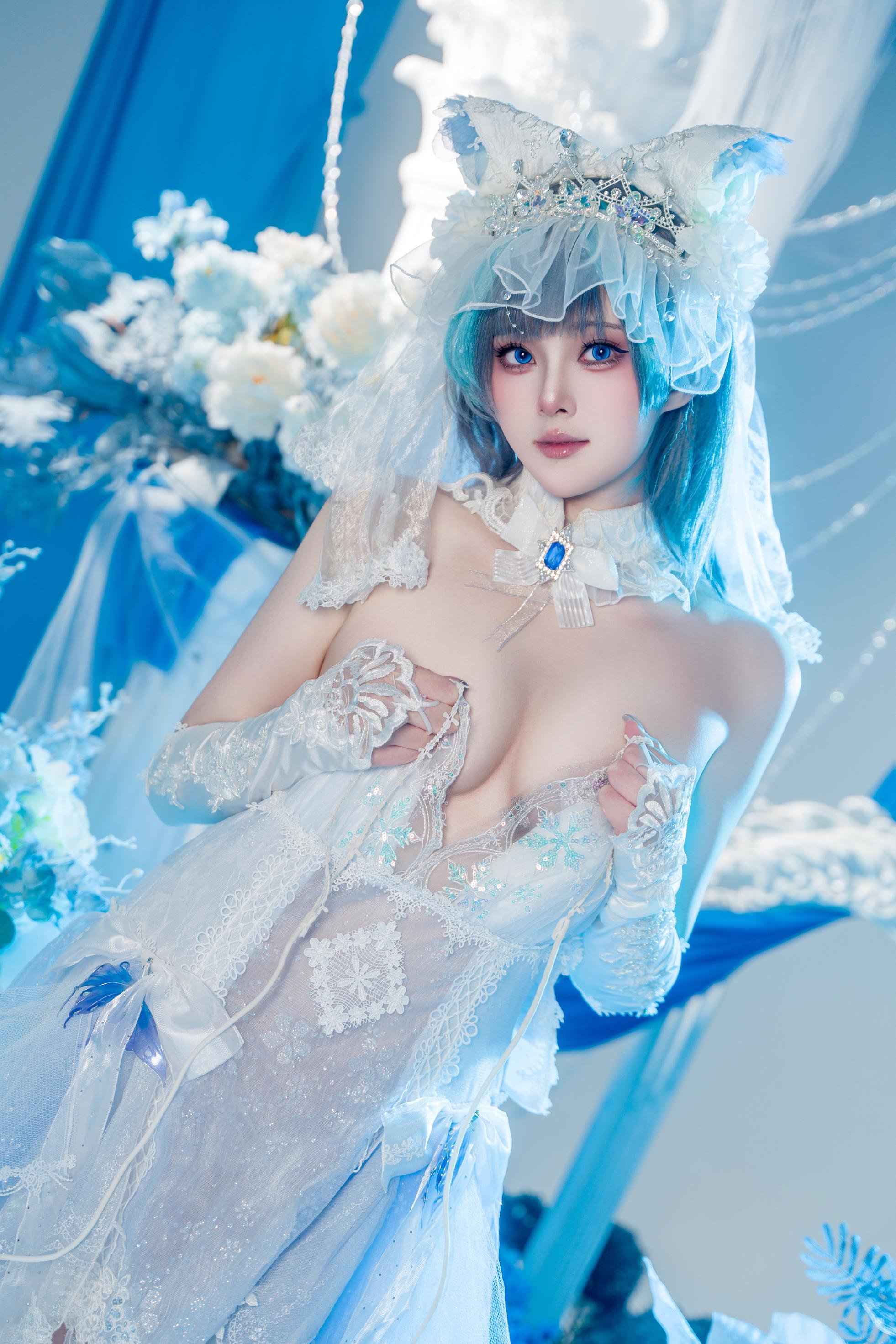 【コスプレ】夏夏子 - 碧蓝航线 柴郡のウェディングドレス：白いレースの下着 巨乳美脚 70P