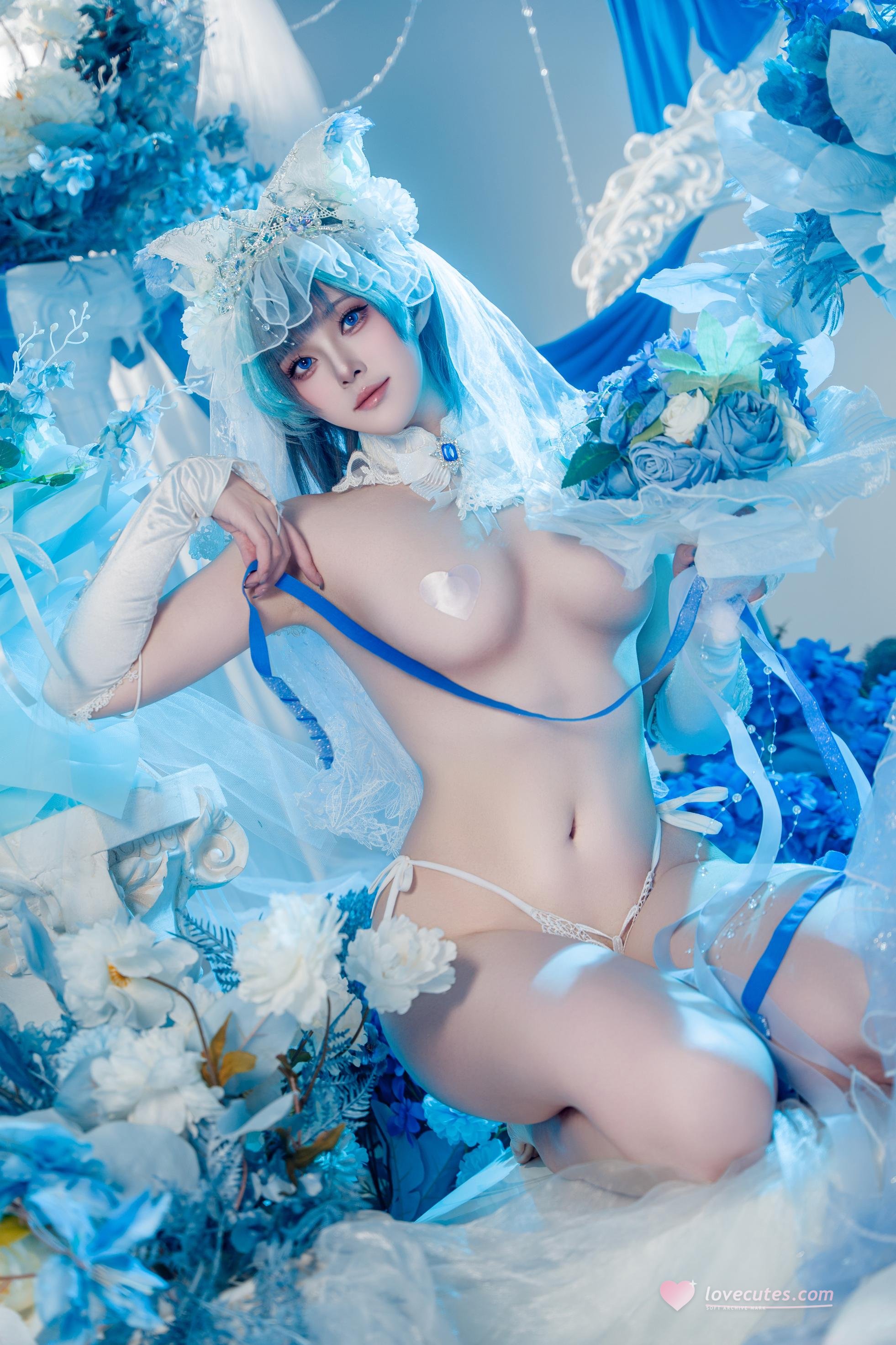 【コスプレ】夏夏子 - 碧蓝航线 柴郡のウェディングドレス：白いレースの下着 巨乳美脚 70P