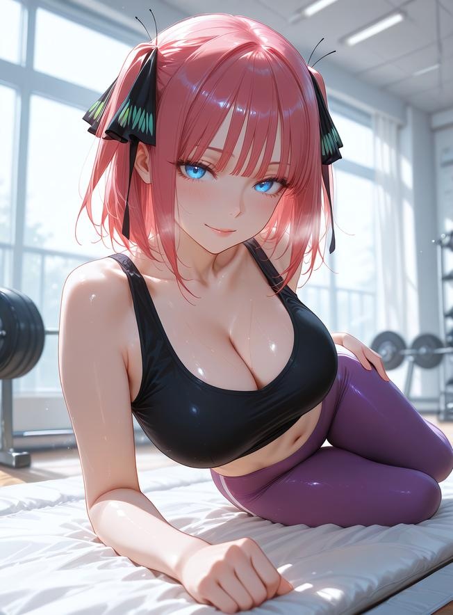AI生成動漫女孩 - 五等分的新娘 中野二乃：健身房紫色瑜伽褲巨乳露穴 濕身道具 196P