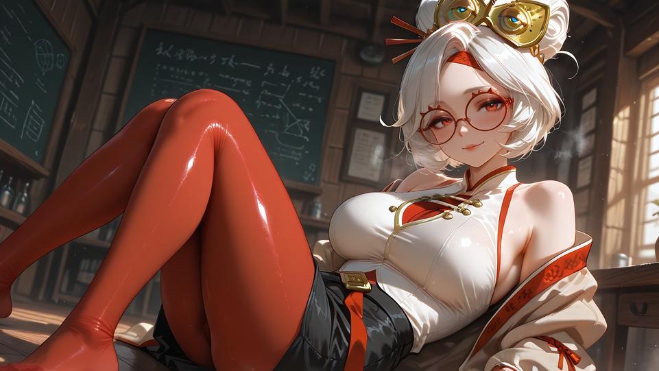 Cô Gái Anime Tạo Ra Bằng AI - 塞尔达传说 普尔亚：Áo Sơ Mi Trắng Kính Cận, Ngực Khủng, Váy Đen, Tất Chân, Mông Cong 168P