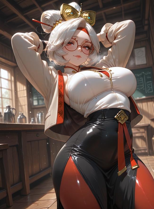 Cô Gái Anime Tạo Ra Bằng AI - 塞尔达传说 普尔亚：Áo Sơ Mi Trắng Kính Cận, Ngực Khủng, Váy Đen, Tất Chân, Mông Cong 168P
