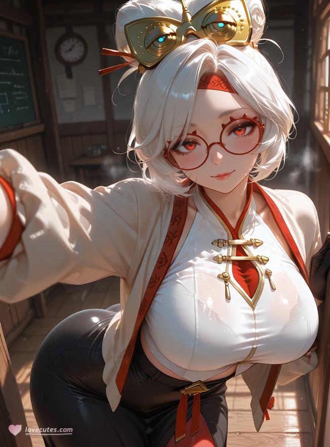 Cô Gái Anime Tạo Ra Bằng AI - 塞尔达传说 普尔亚：Áo Sơ Mi Trắng Kính Cận, Ngực Khủng, Váy Đen, Tất Chân, Mông Cong 168P