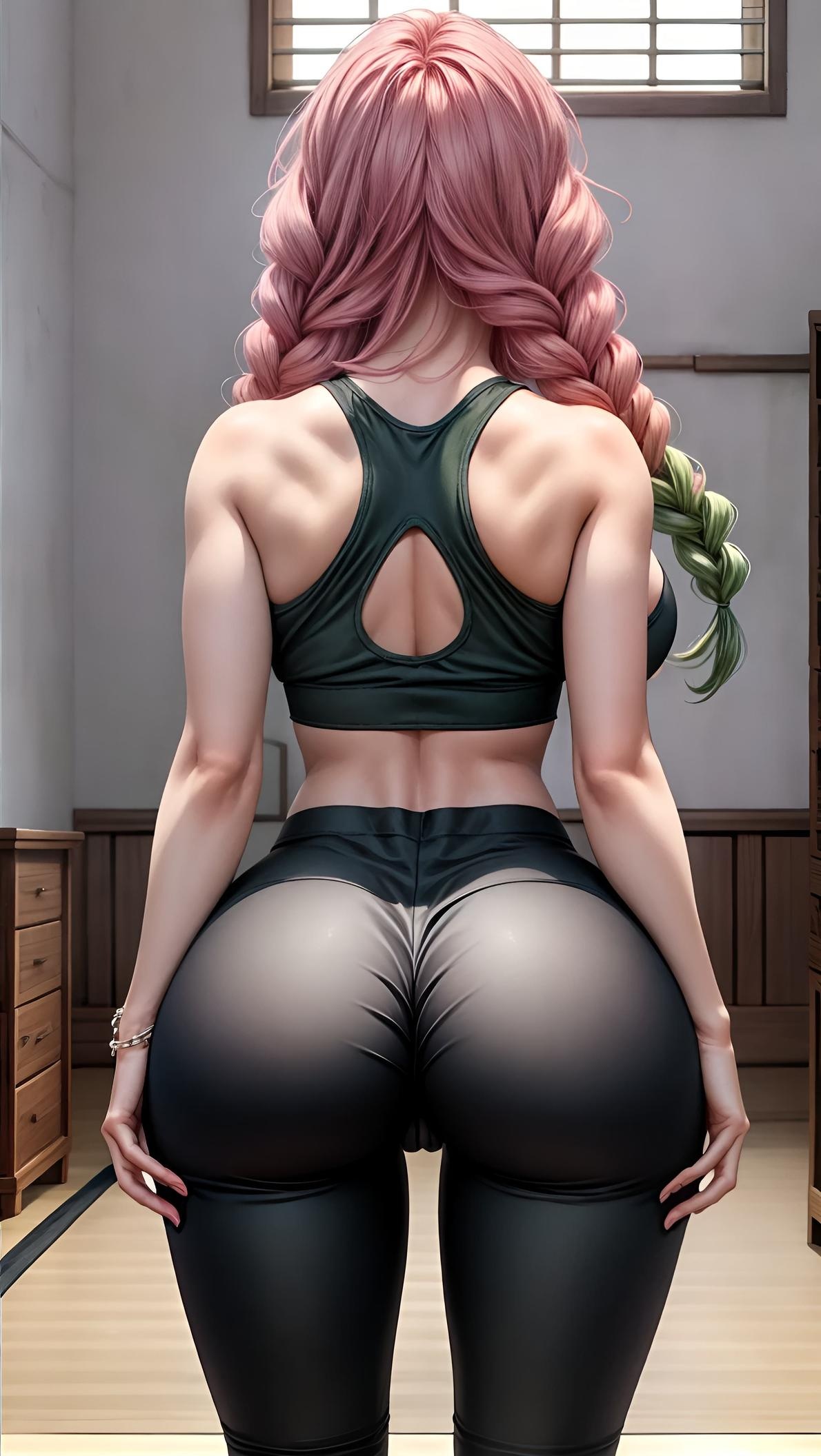 AI 生成的動漫女孩 - 鬼滅之刃 甘露寺蜜璃：粉綠長辮爆乳露點 溫泉比基尼瑜伽褲 51P
